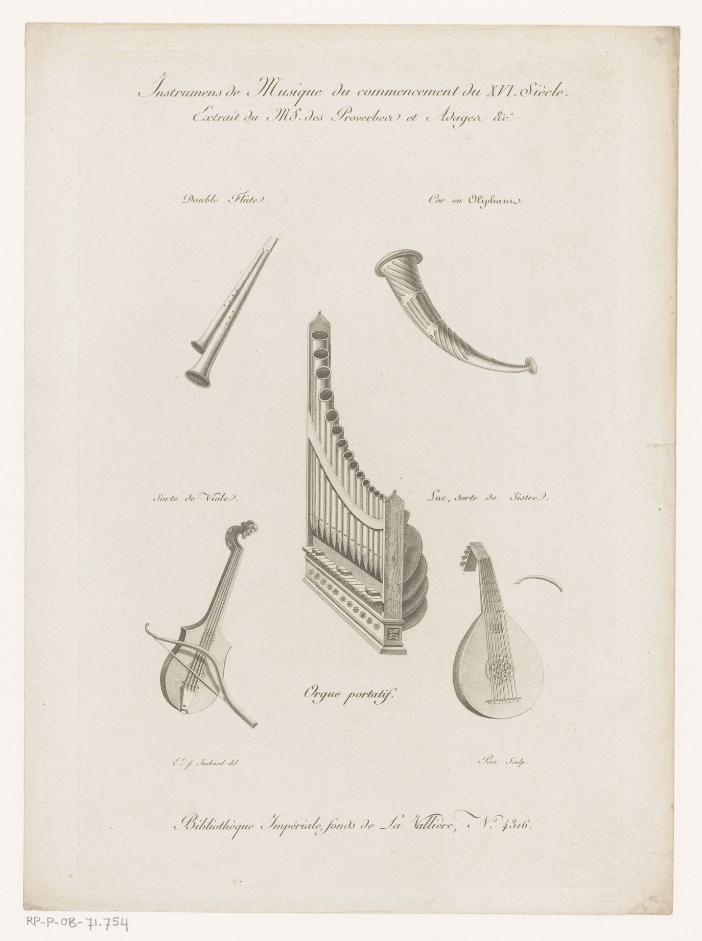 Muziekinstrumenten uit het begin van de zestiende eeuw by Jacques Louis Pérée