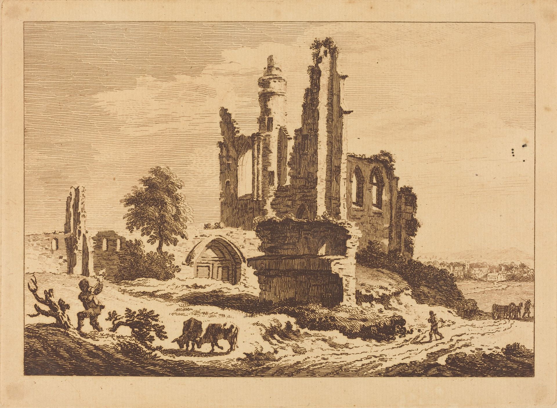 Ruined Abbey with Cattle and a Man Chopping Wood by Paul Sandby