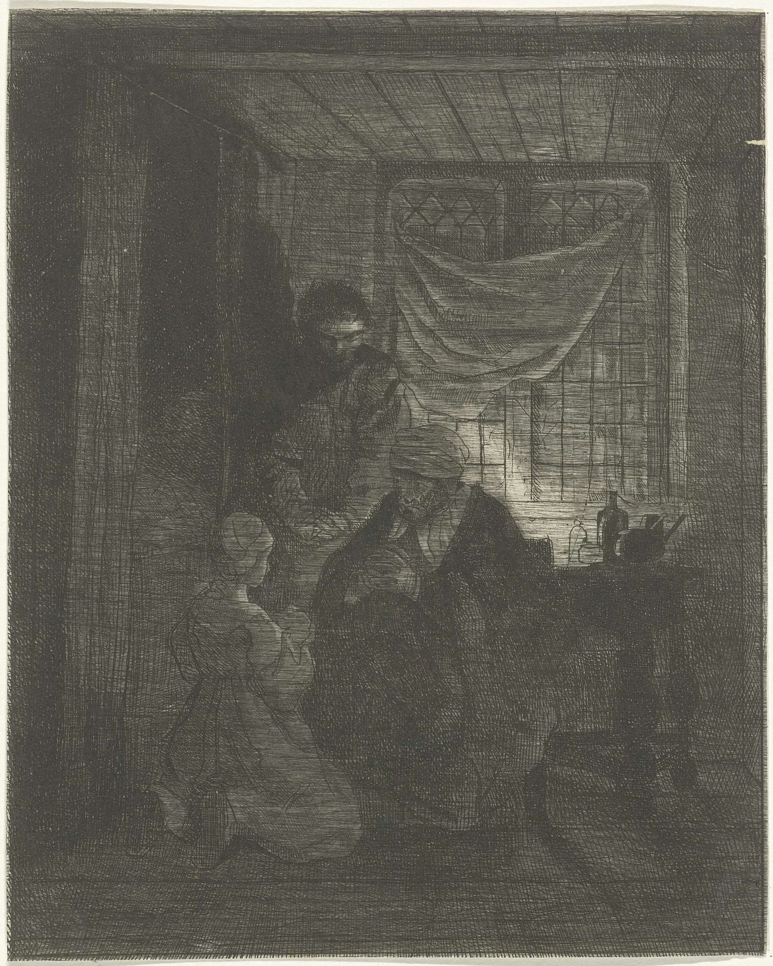 Biddend gezin voor een bedstede by Jacobus Ludovicus Cornet