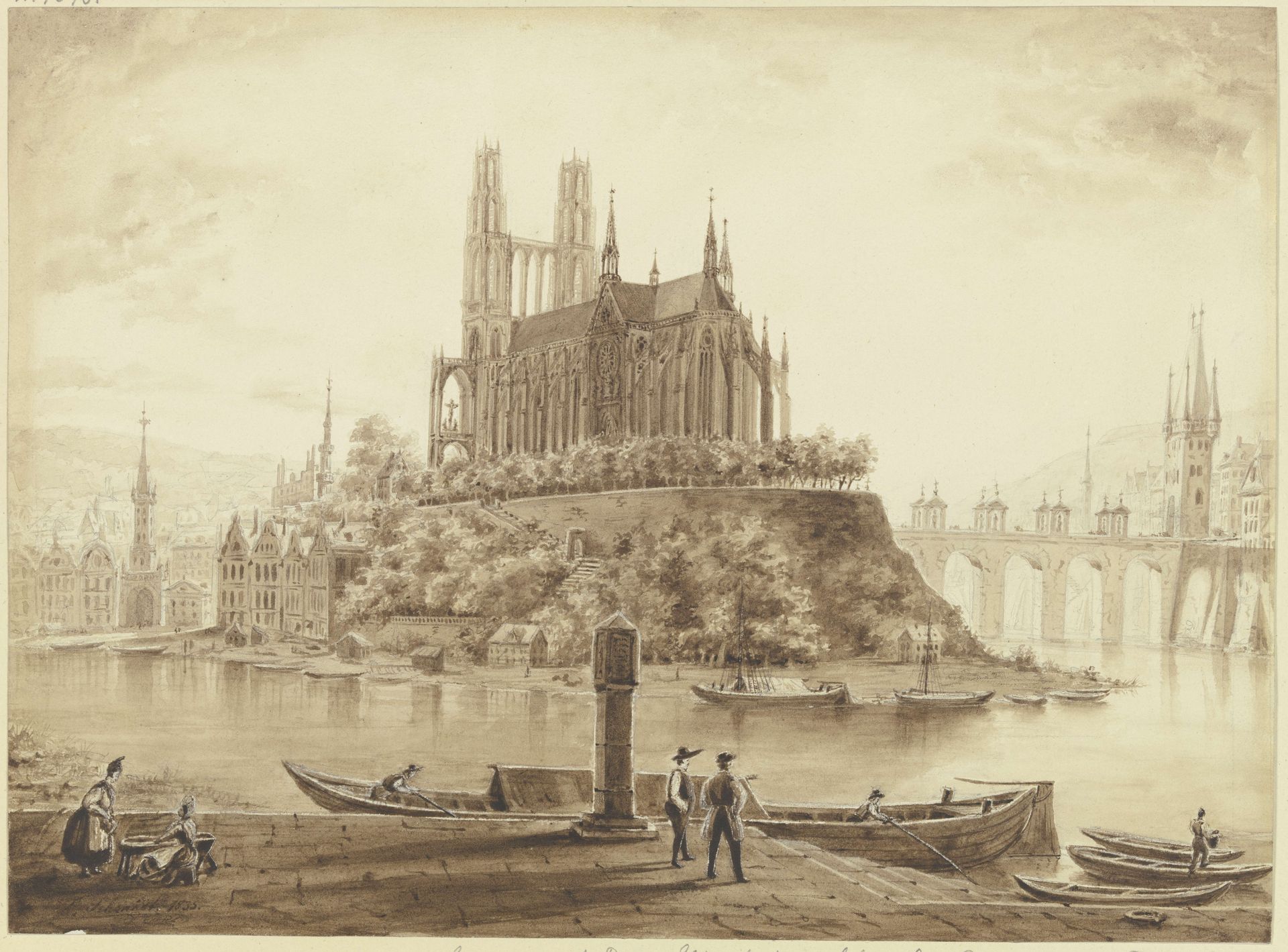 Gotischer Dom, von einem Fluß umgeben, in einer Stadt by Ludwig Daniel Philipp Schmidt
