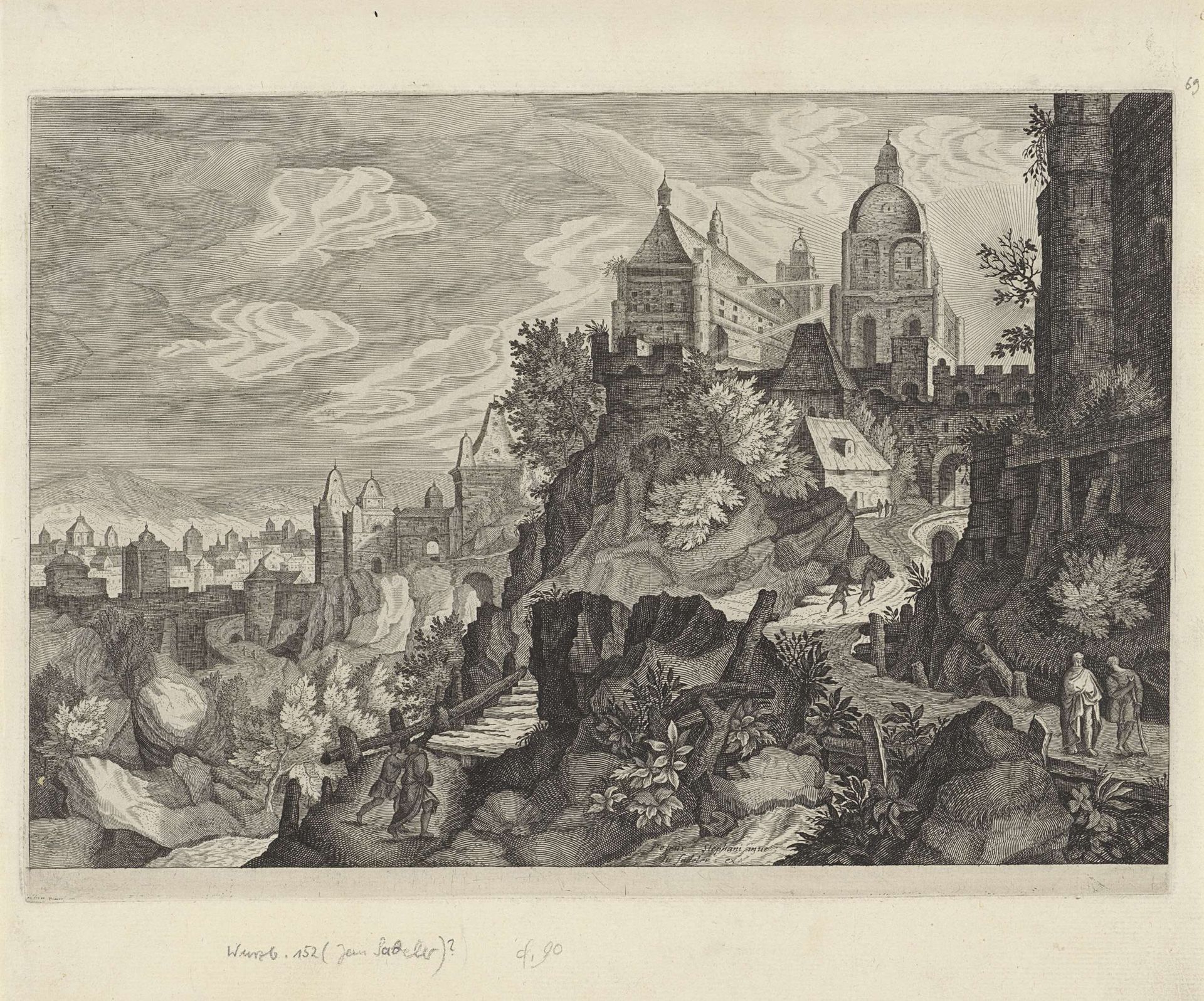 Berglandschap met stad by Johann Sadeler I