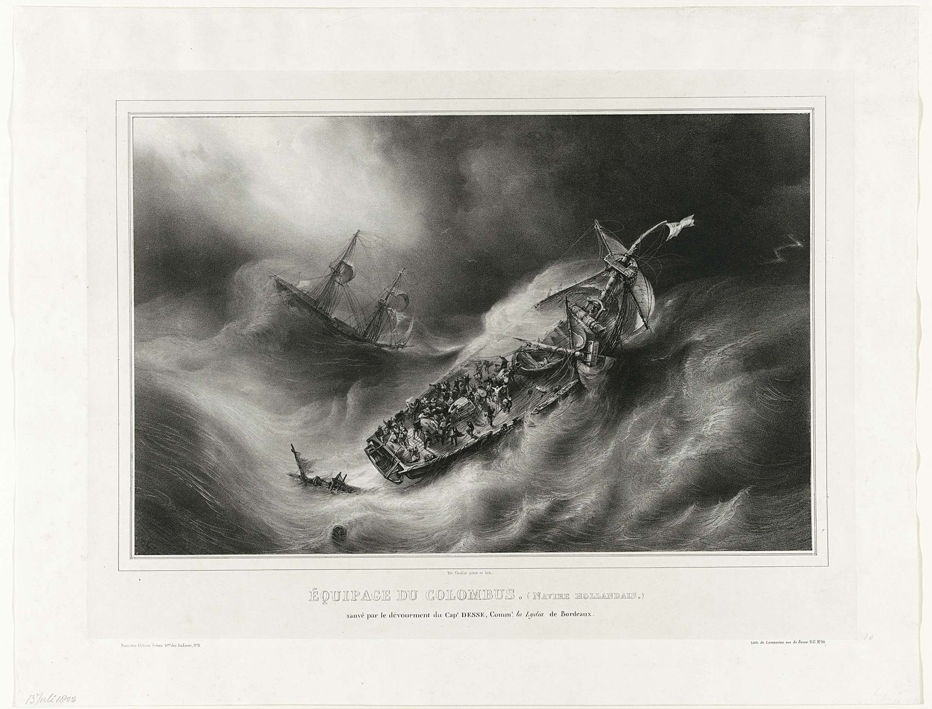 Redding van de bemanning van de Columbus, 1822 by Théodore Gudin