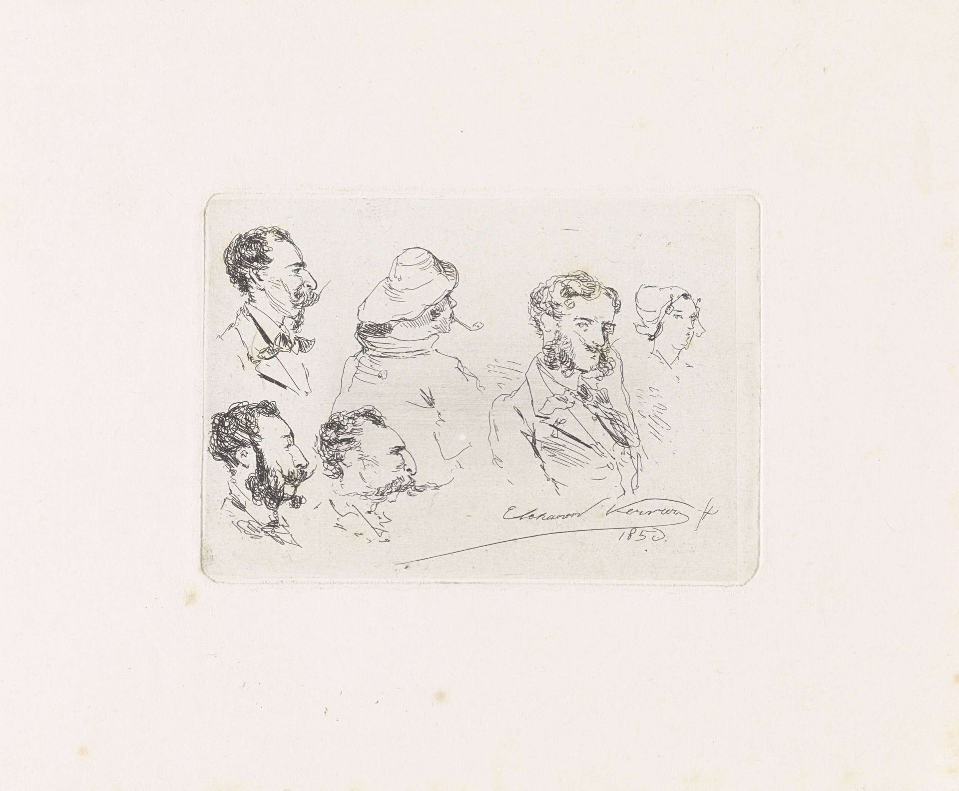 Studieblad met zes koppen, waaronder de portretten van de broers Verveer by Elchanon Verveer
