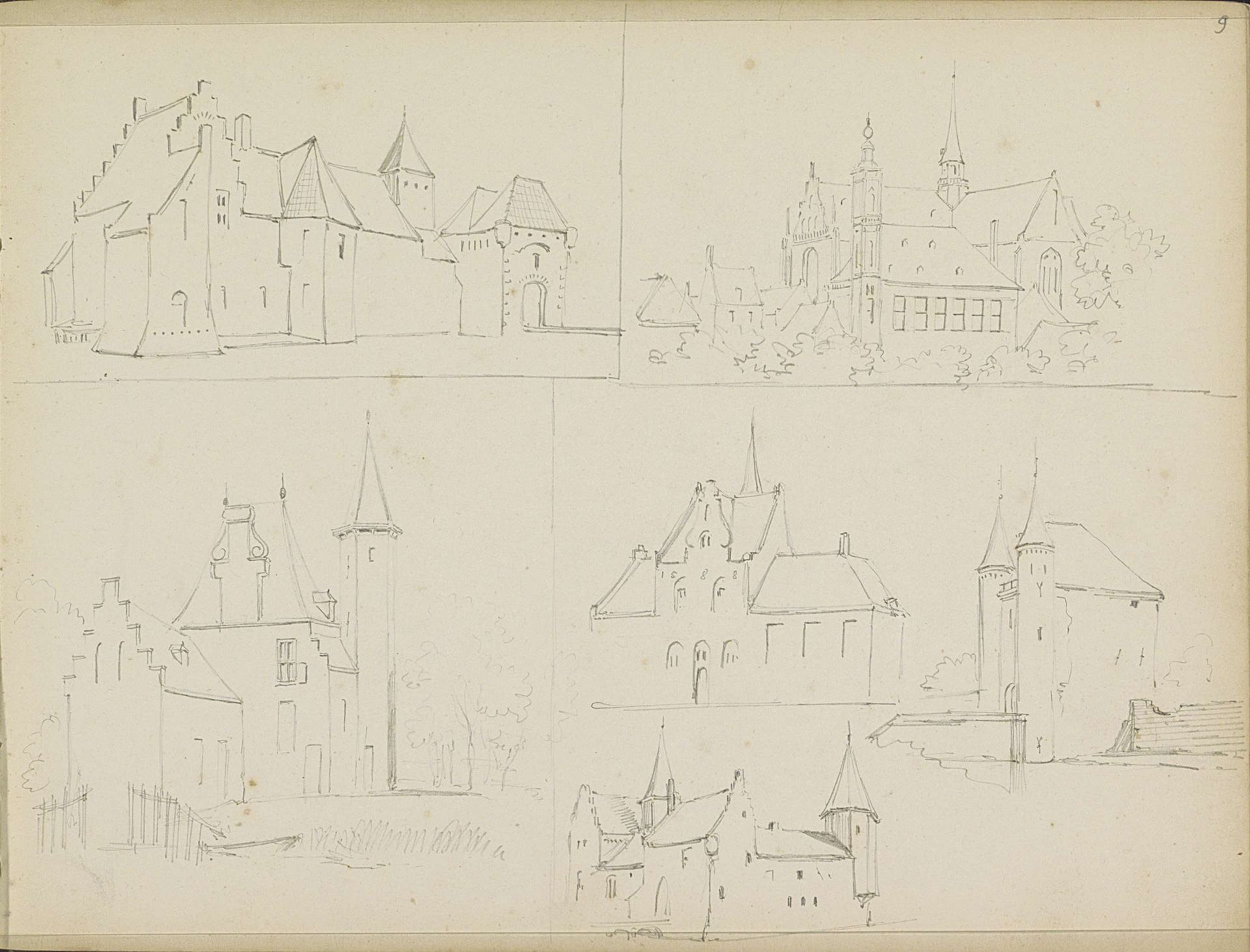 Studieblad met versterkte gebouwen en een kerk by Adrianus Eversen