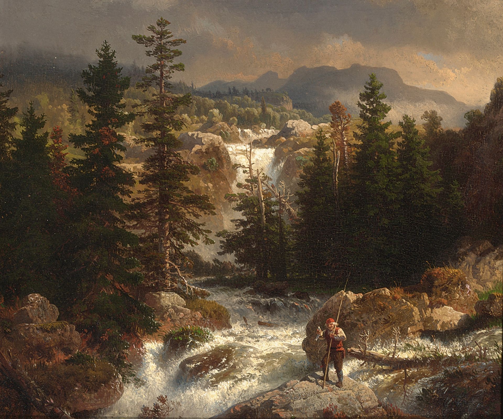 A Fisherman Inspecting His Catch near a Mountain Torrent by Andreas Achenbach