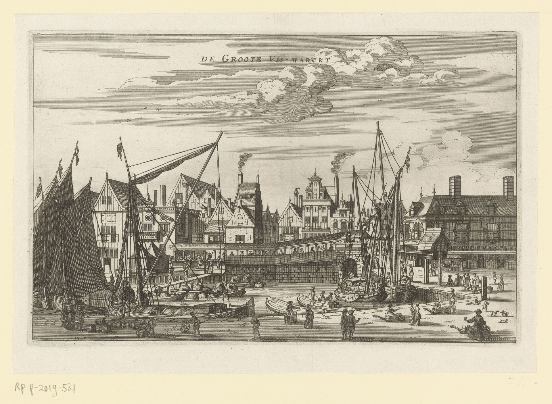 Gezicht op de Vismarkt bij de Damsluis op de Dam te Amsterdam by Jacob van Meurs