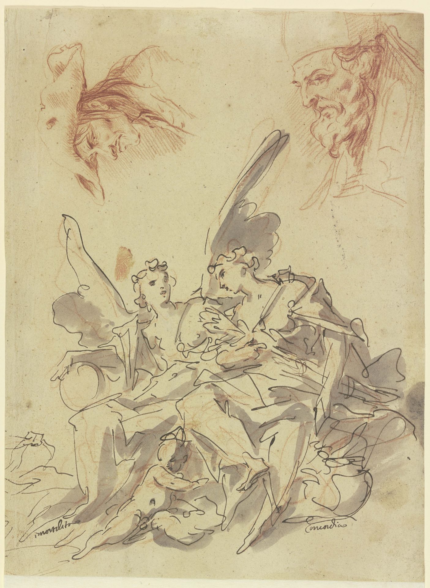 Zwei Allegorien (Immortalità und Concordia) und zwei Köpfe by Gaspare Diziani