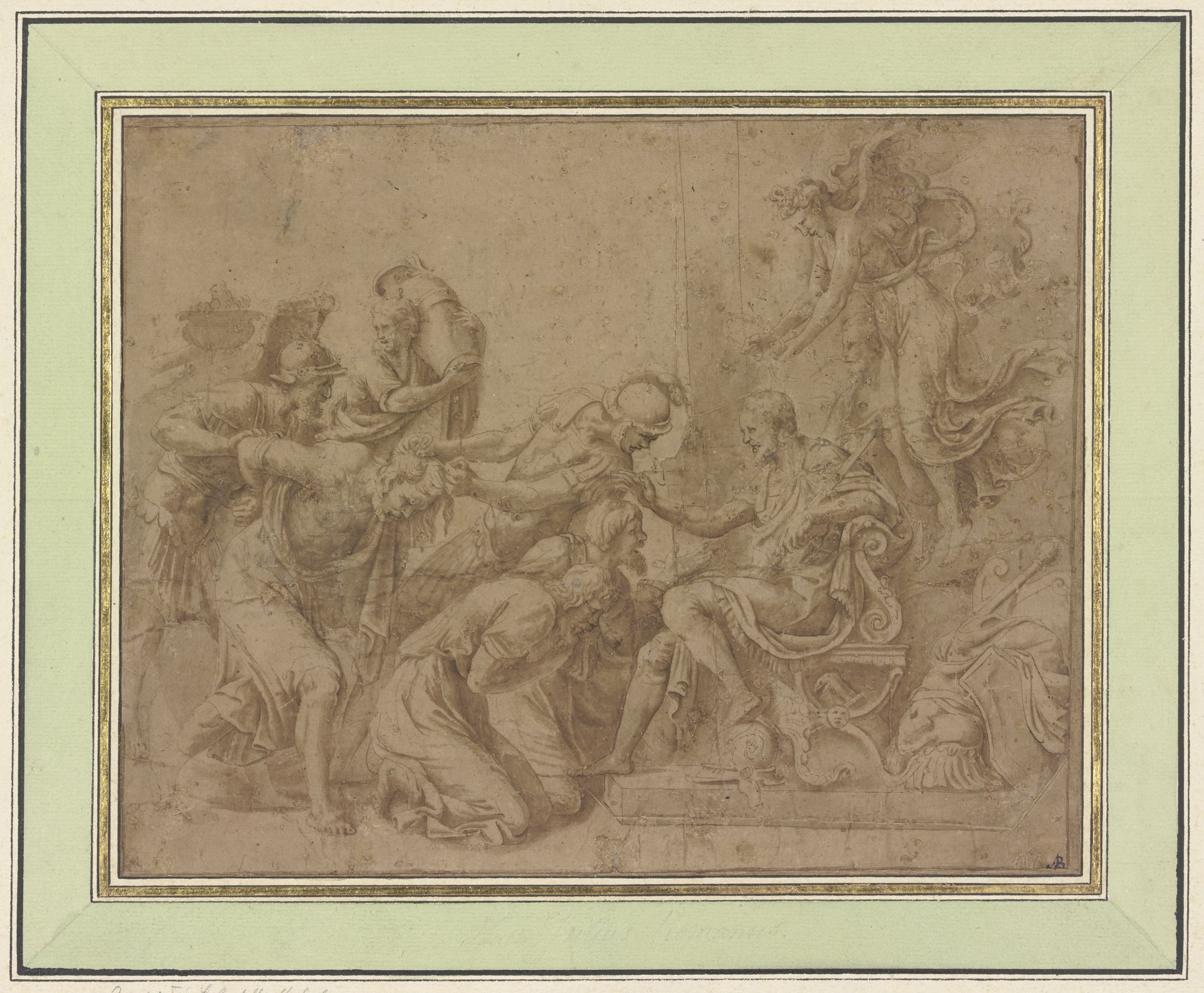 Ein römischer Feldherr auf einem Stuhle sitzend begnadigt Gefangene, hinter ihm eine Viktoria by Giulio Romano