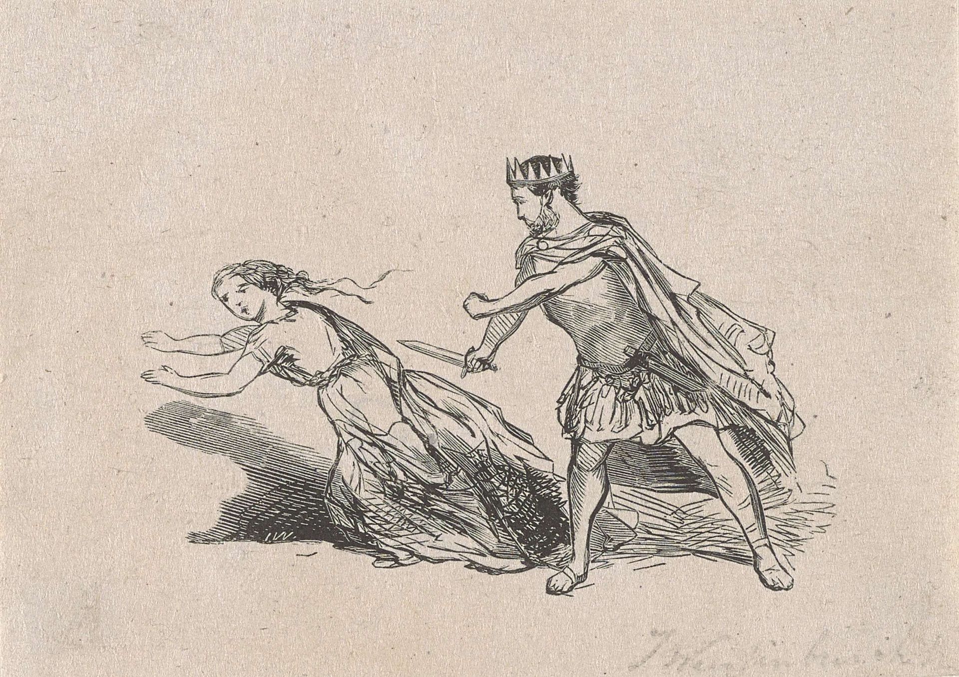 Man met een kroon een vrouw bedreigend met een dolk by Isaac Weissenbruch