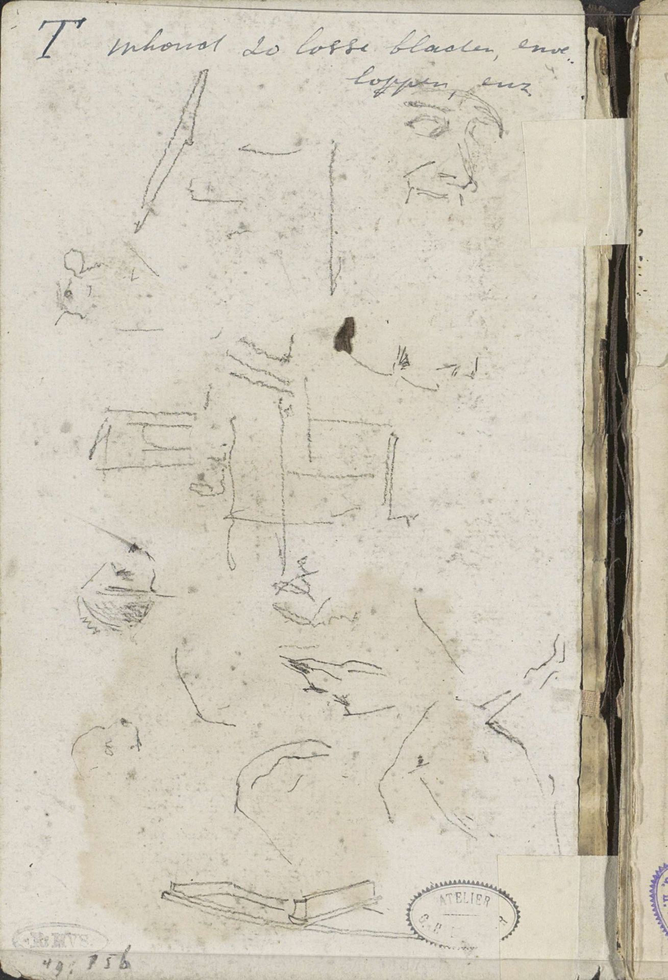 Studieblad met honden, gezichten en architectuurstudies by George Hendrik Breitner