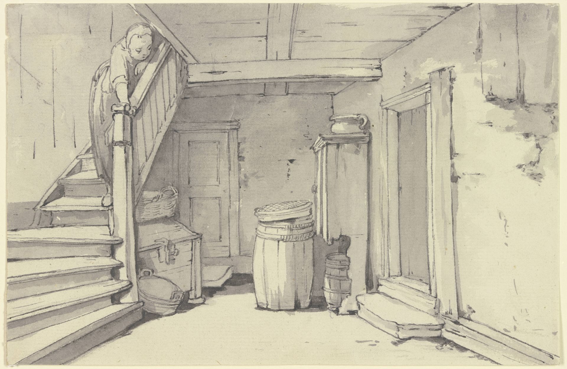 Diele in einem Bauernhaus, links eine Treppe, auf der ein Mädchen steht by Georg Melchior Kraus
