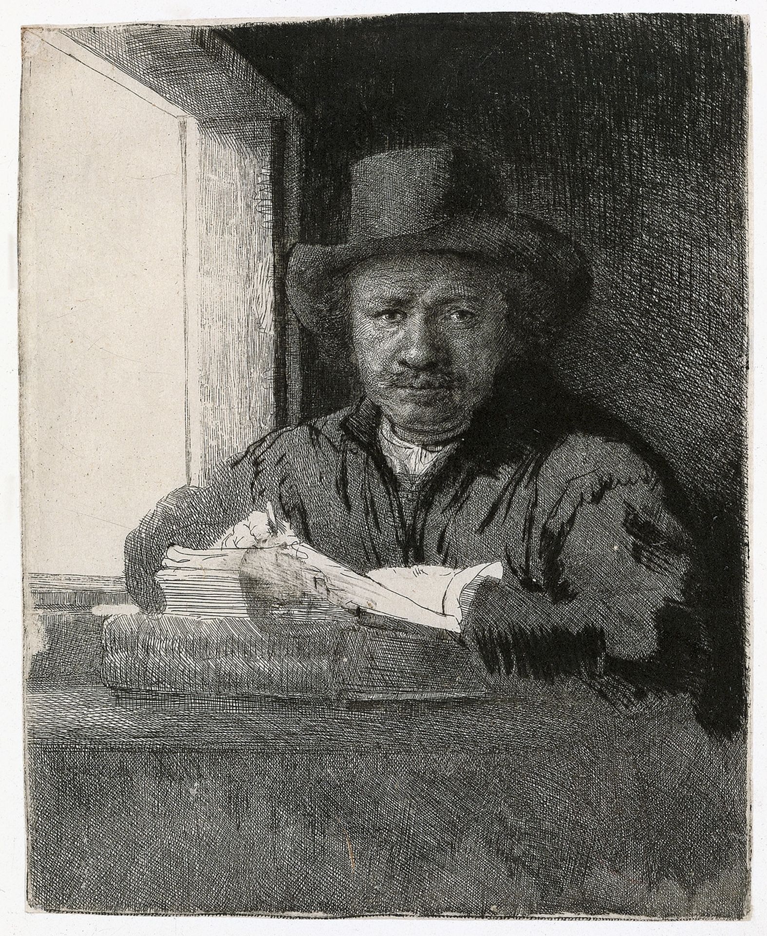 Self-portrait drawing at a window by Rembrandt van Rijn