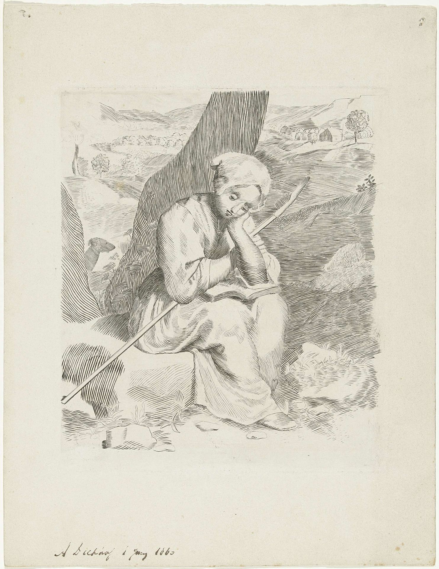 Jonge herderin zittend bij boom by A. Dickhof