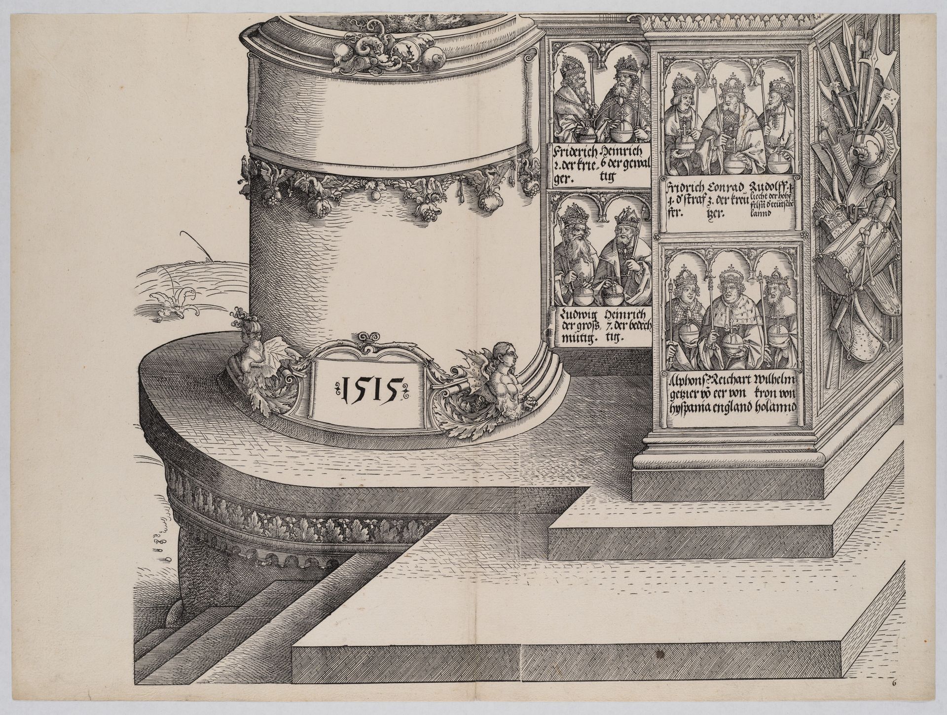 Portraits of Maximilian's Relatives; and the Base of the Left Outer Column with the Date 1515, from the Arch of Honor, proof, dated 1515, printed 1517-18 by Albrecht Altdorfer