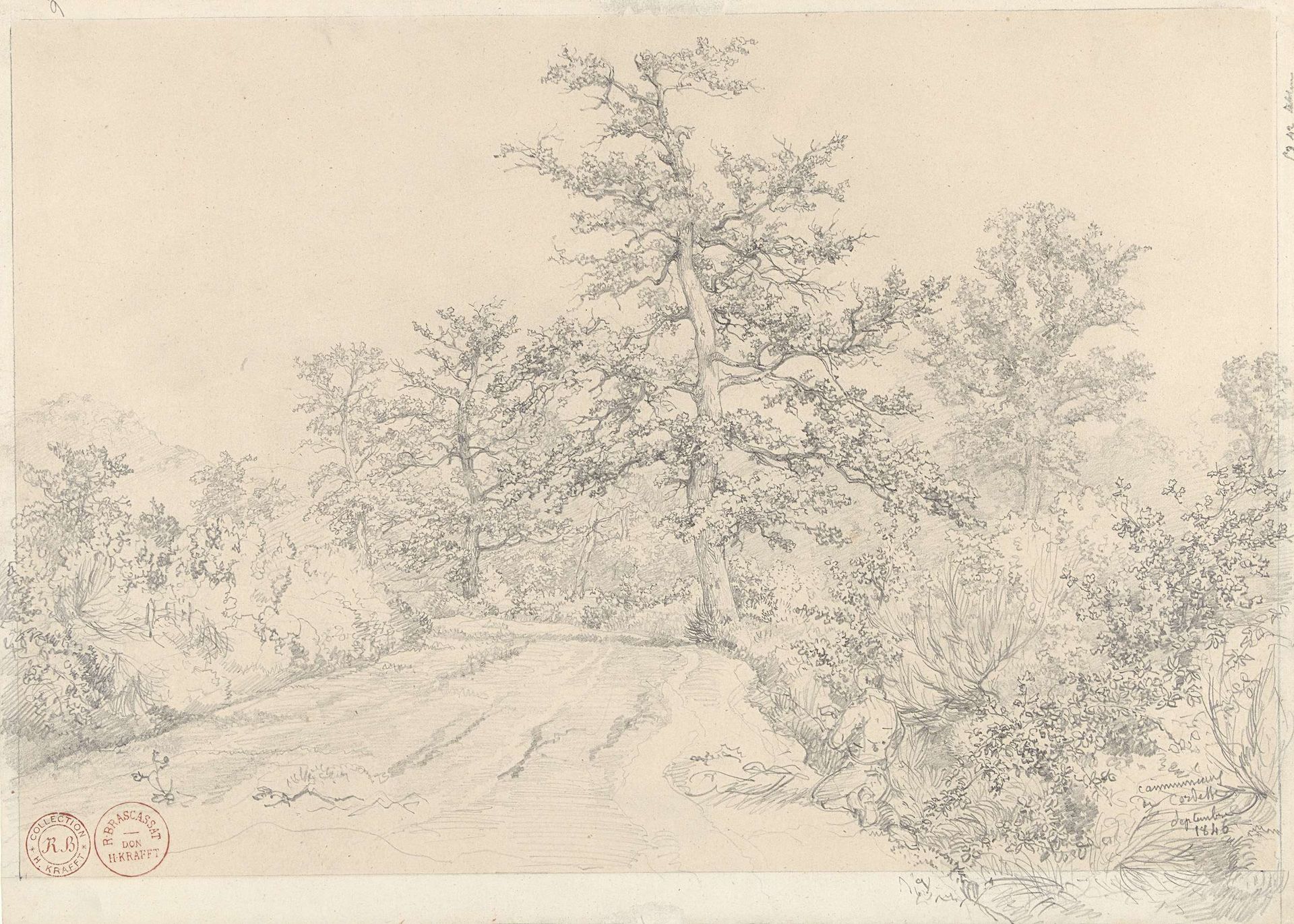 Landschap met geknielde man op de voorgrond by Jacques Raymond Brascassat