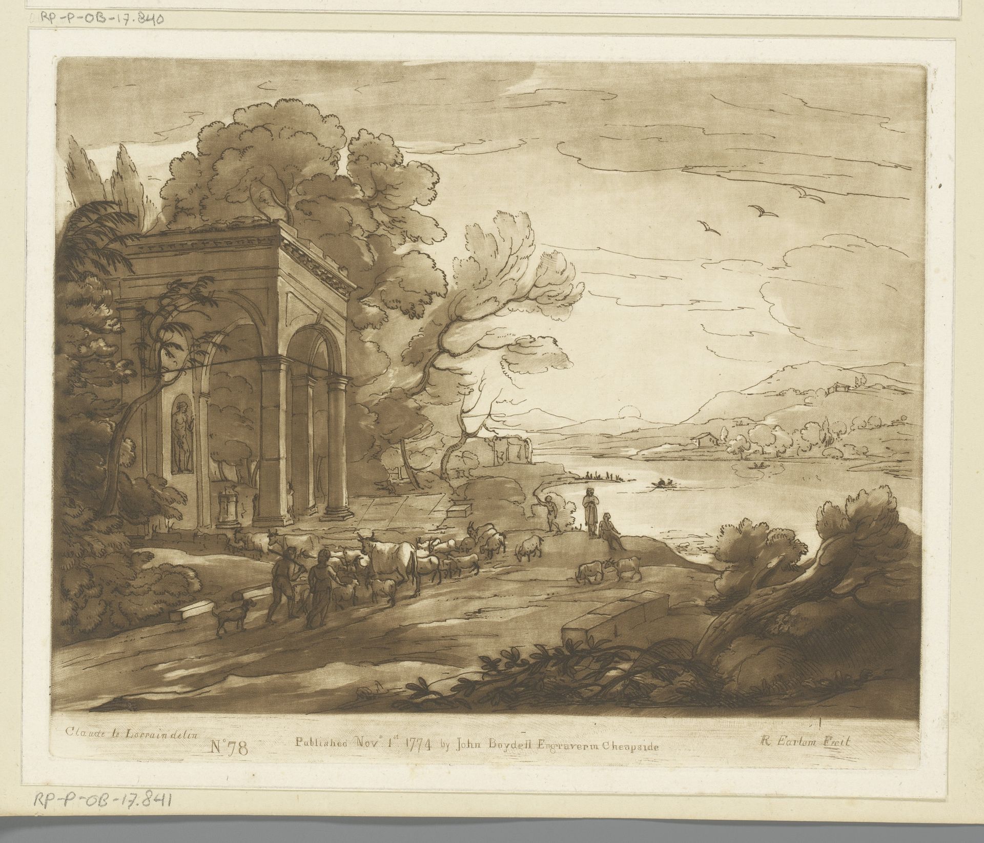 Landschap met veedrijvers langs een meer en een klassiek gebouw by Richard Earlom