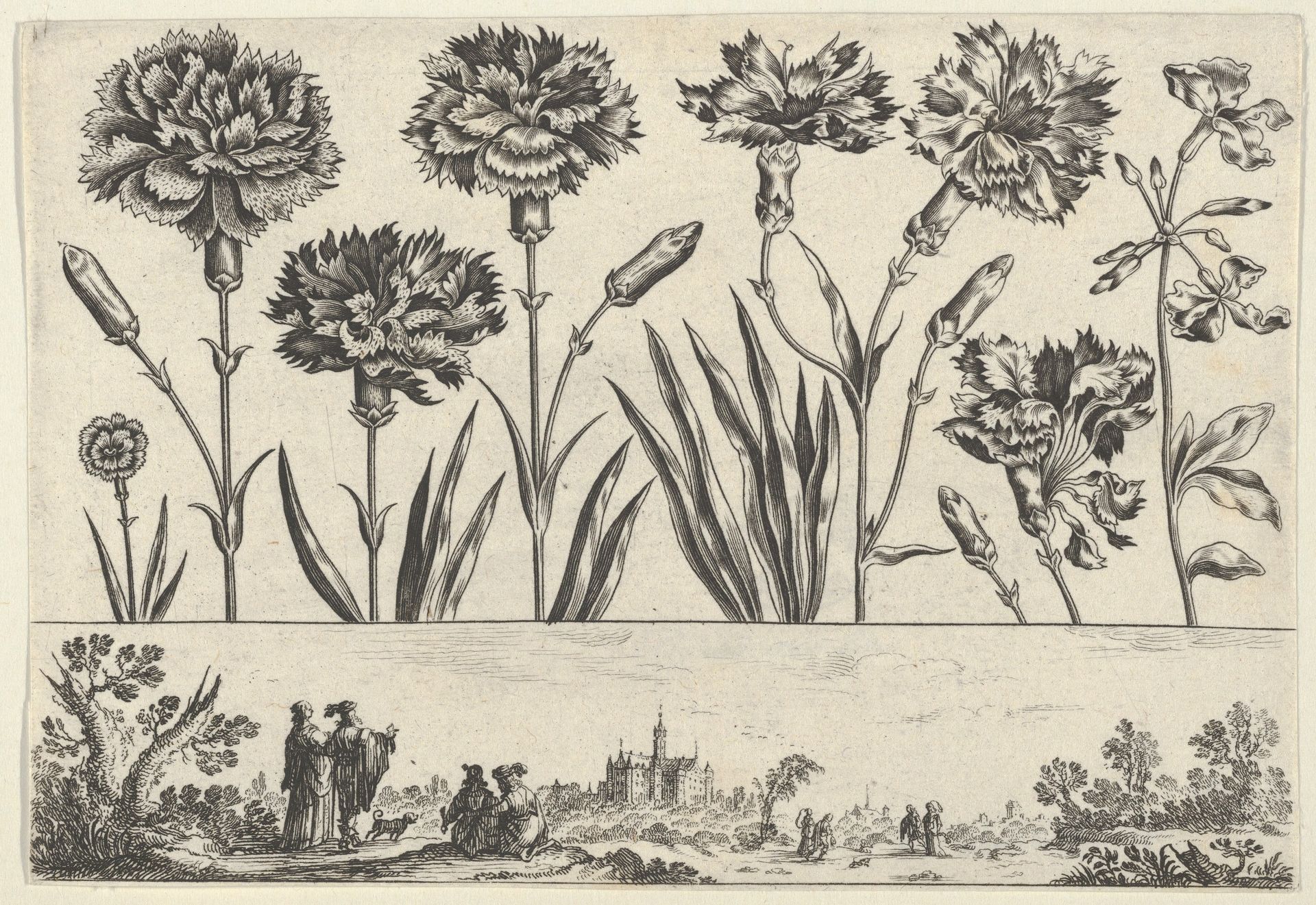 Horizontal Panel with a Row of Flowers Above a Frieze with Figures in a Landscape, from "Livre Nouveau de Fleurs Tres-Util" by Nicolas Cochin