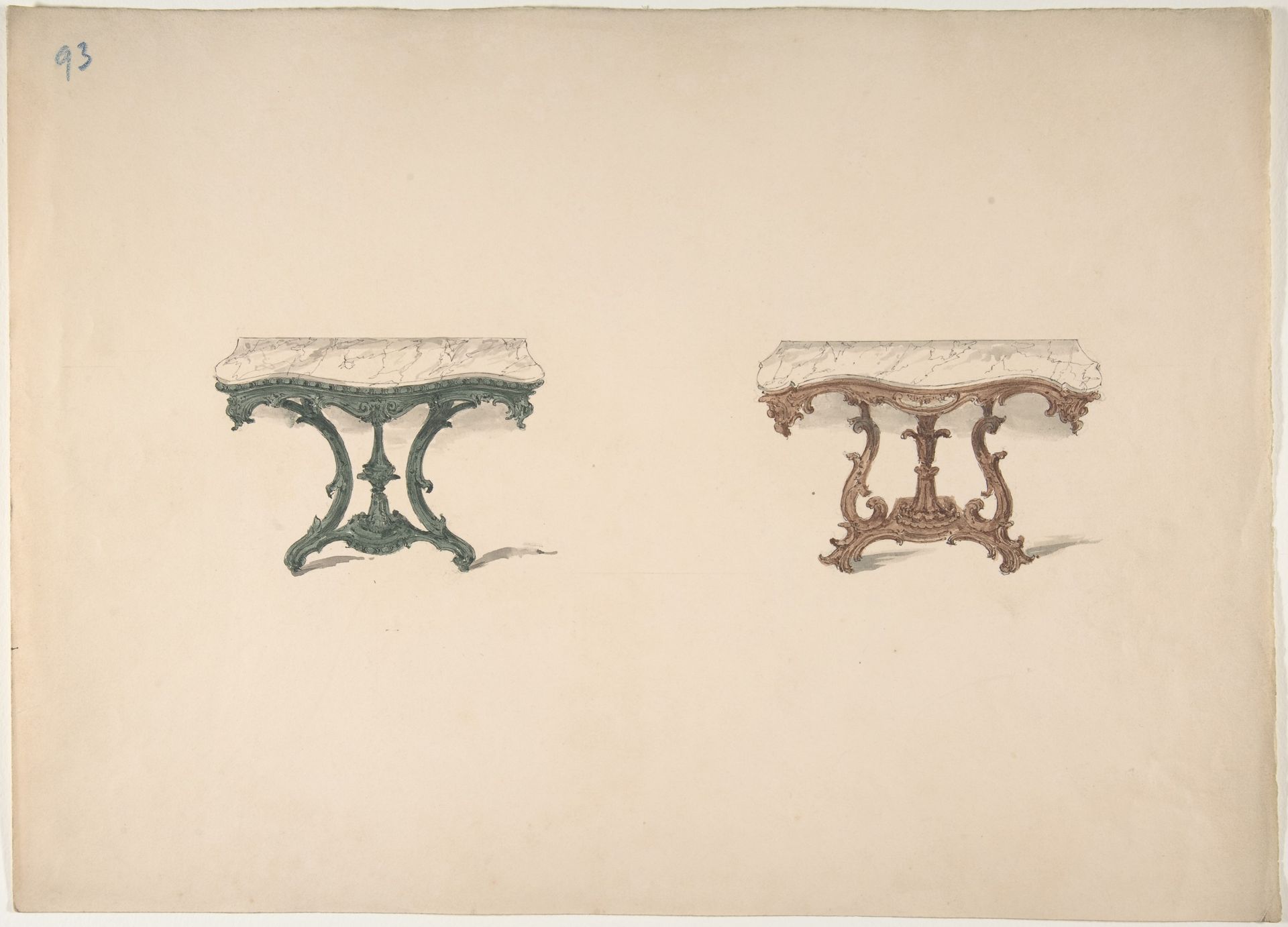 Design for Two Marble Topped Tables with Carved Legs by Anonymous