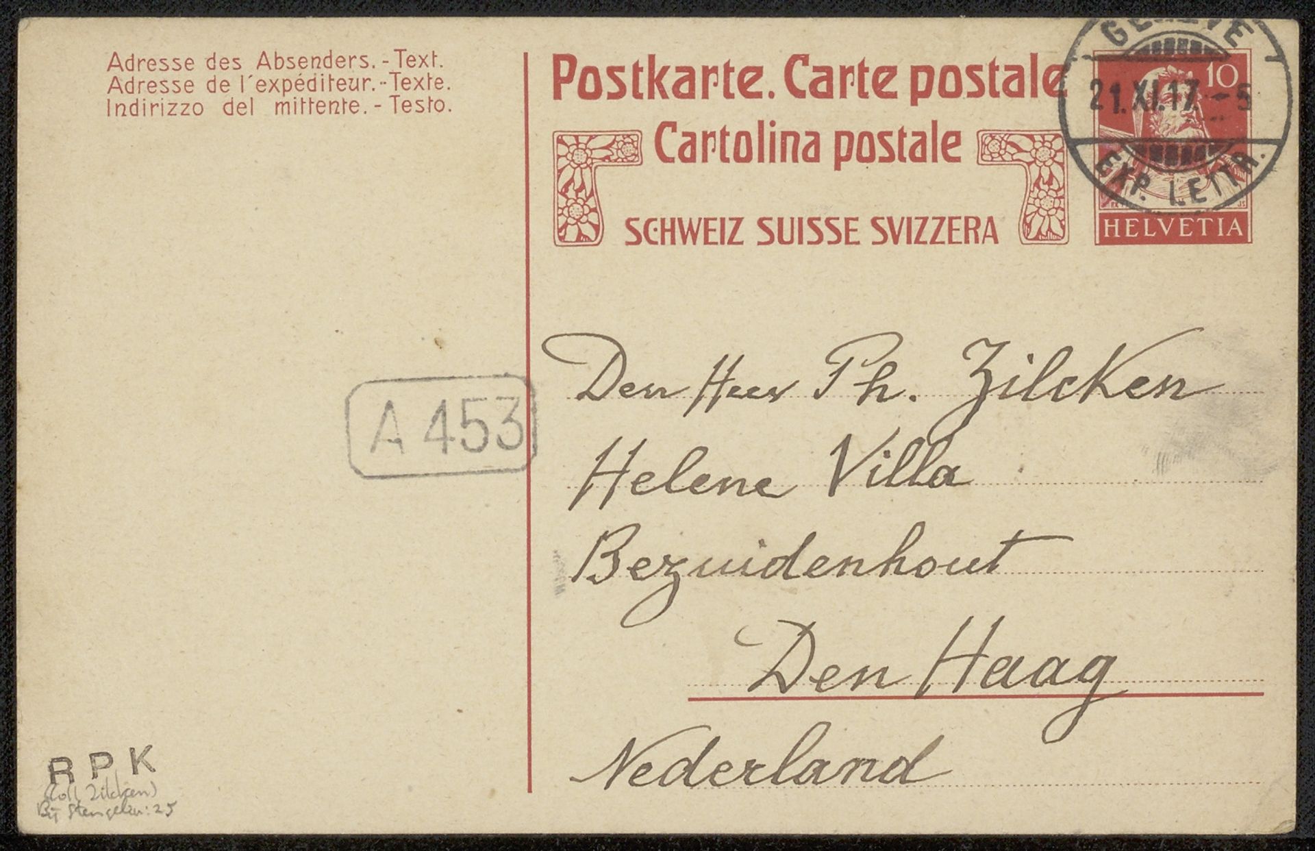 Briefkaart aan Philip Zilcken by Alphonse Stengelin
