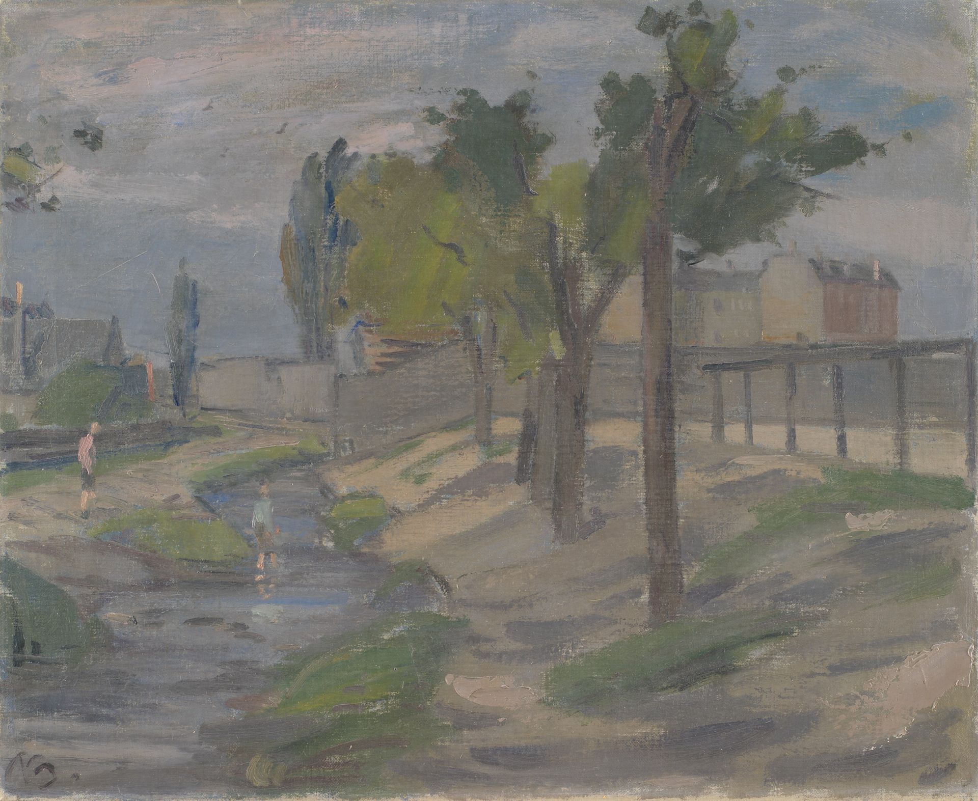 Boys Paddling in the Ladegårds Stream (?).Gables In the Background by Peter Rostrup Bøyesen