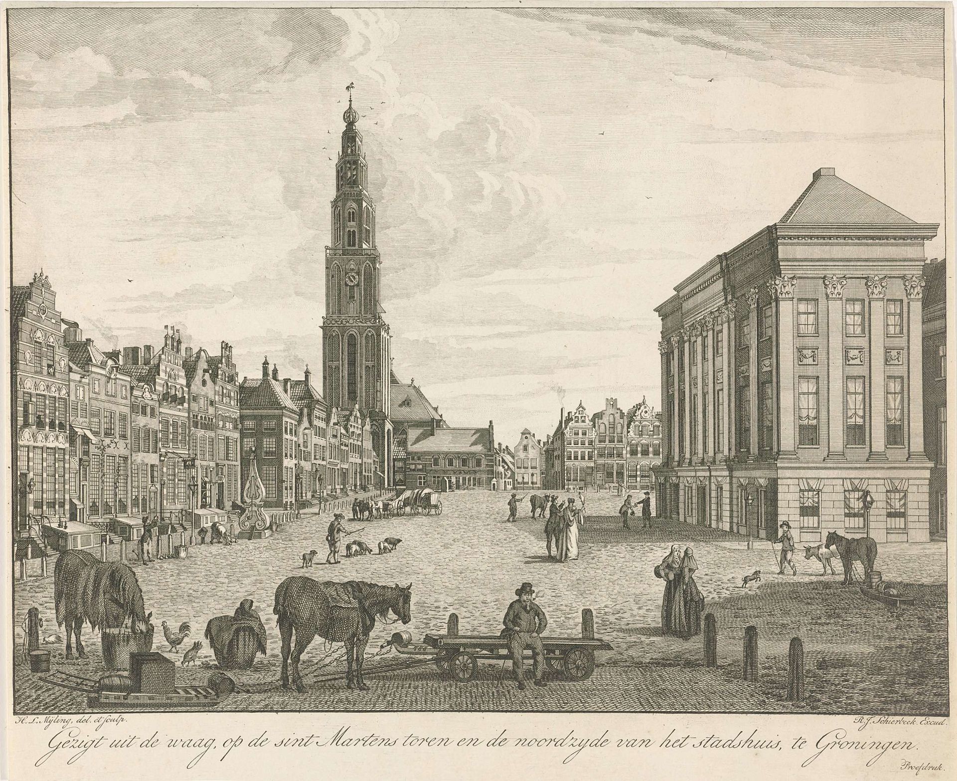 Gezicht op de Grote Markt en de Martinitoren te Groningen by Hendrik Leffert Meyling