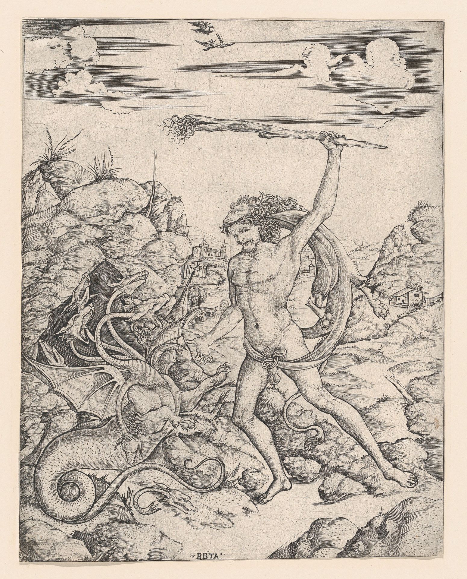 Hercules and the Hydra; wielding a torch he attacks the winged, multi-headed Hydra in rocky landscape, a hawk attacks a heron in the sky by Cristofano di Michele Martini (Il Robetta)