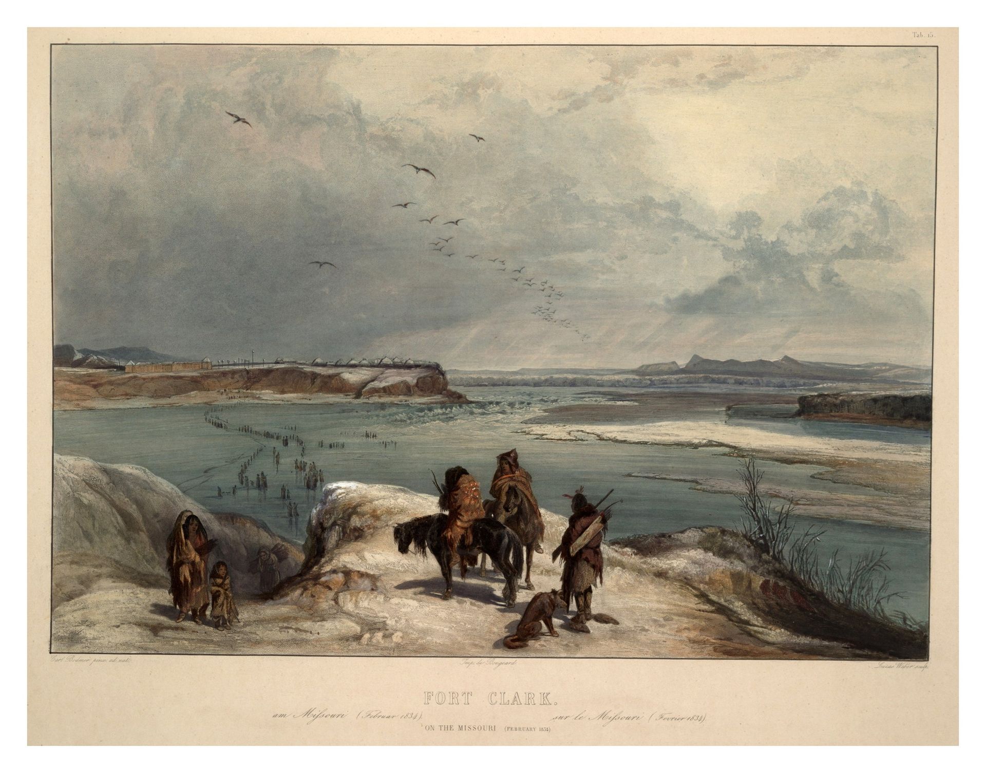 Fort Clark on the Missouri, February 1834, plate 15 from Volume 2 of 'Travels in the Interior of North America' by Karl Bodmer