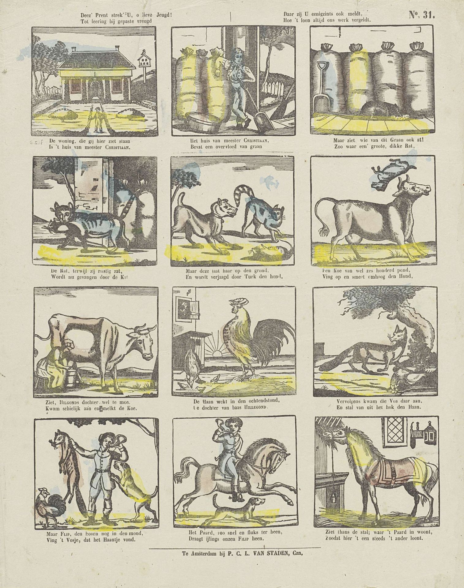 Deez' prent strek' u, o lieve jeugd, / Tot leering bij gepaste vreugd. / Daar zij u eenigzins ook meldt, / Hoe 't loon altijd ons werk vergeldt by Willem Bal