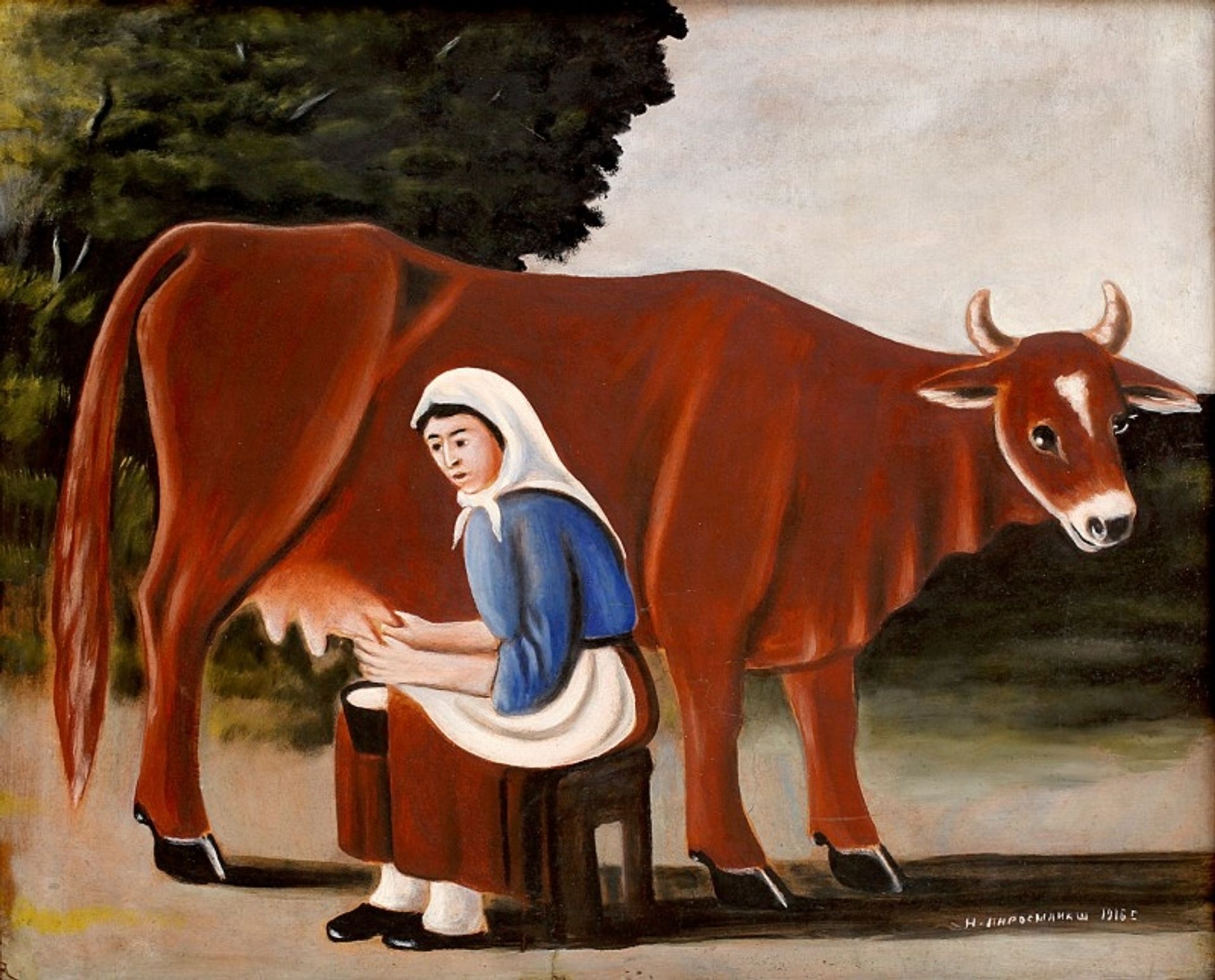 Woman Milking a Cow by Niko Pirosmani