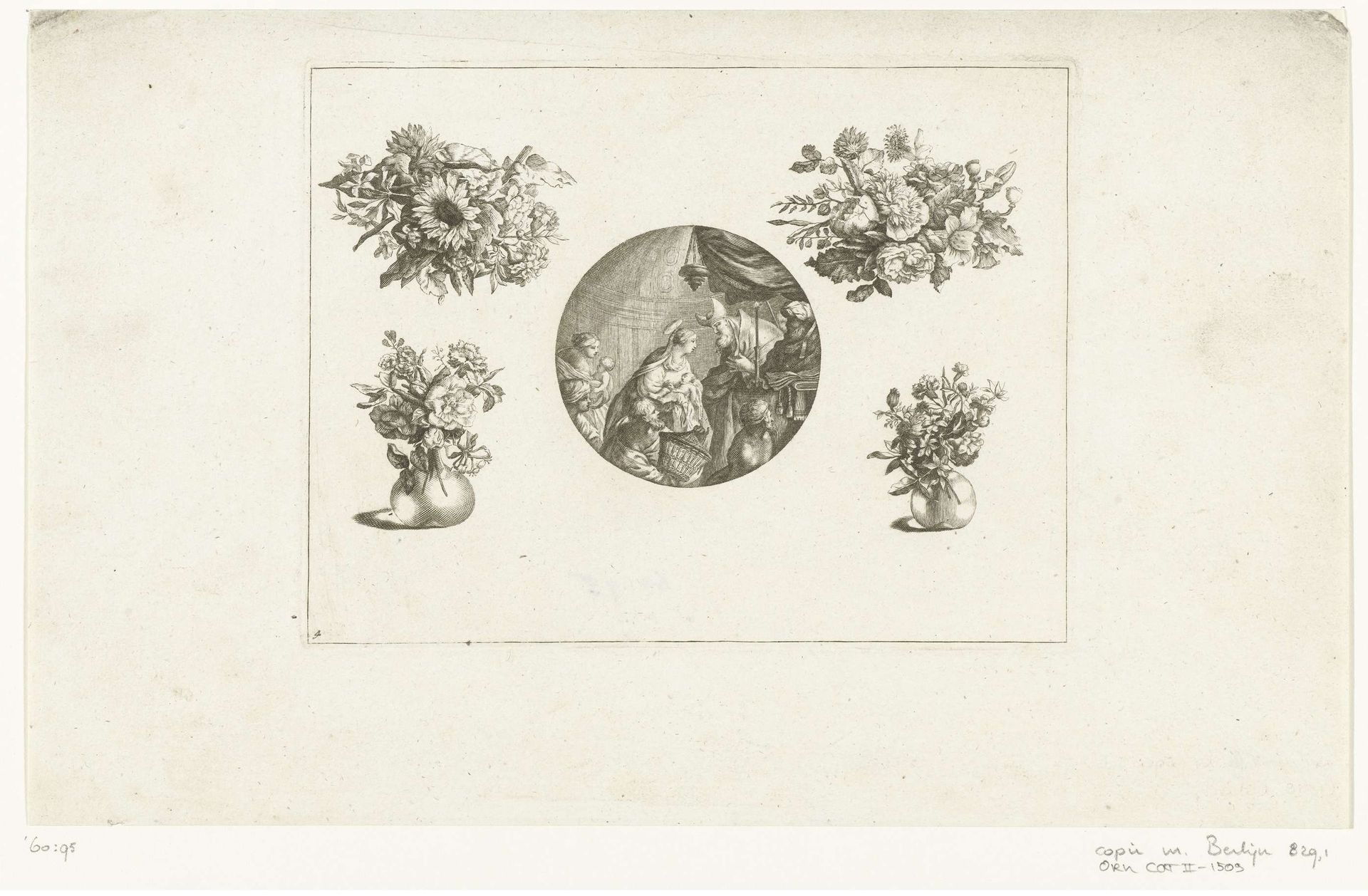 Horlogekast tussen boeketten en bloemenvazen by Anonymous