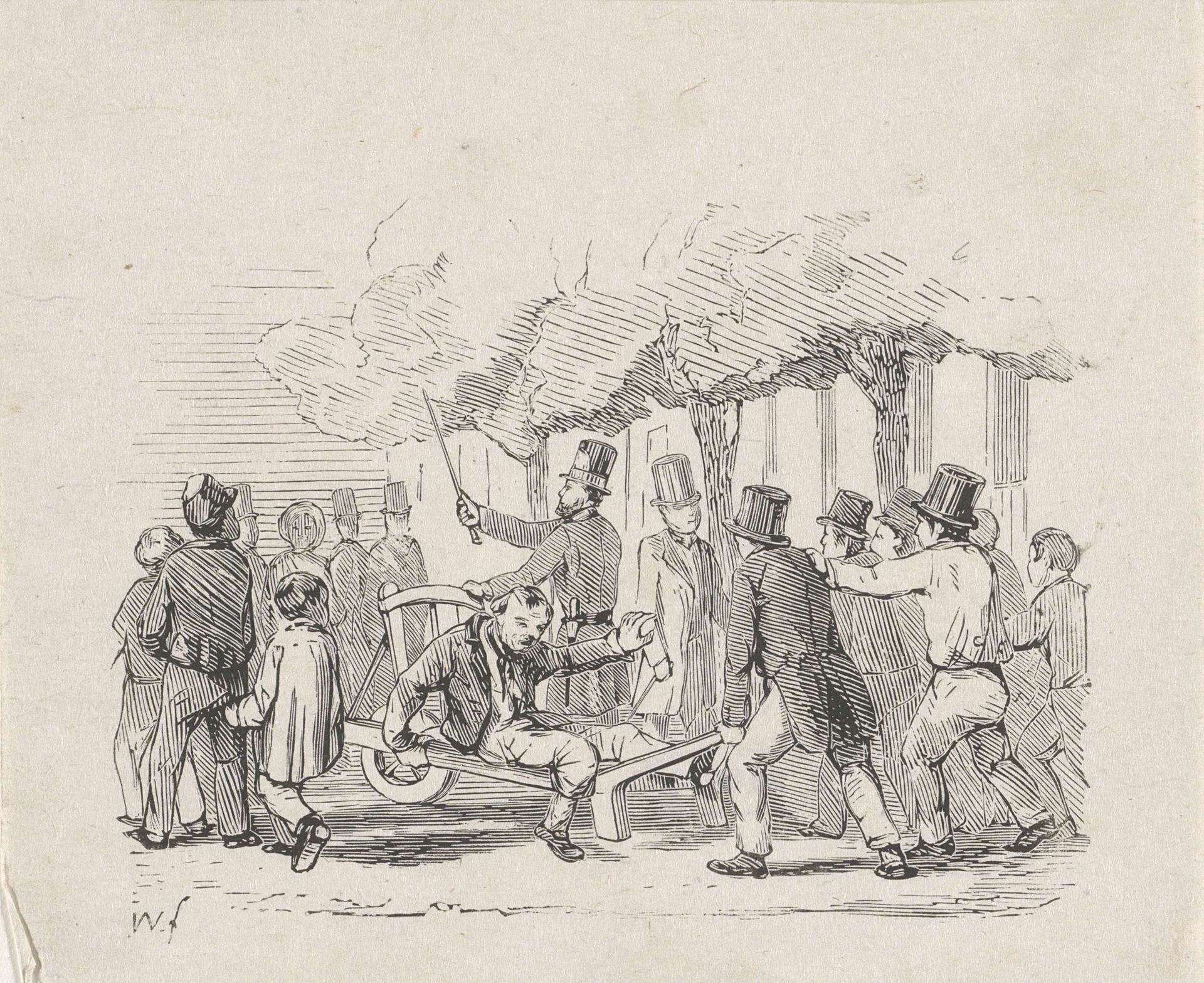 Dronkaard op een kruiwagen voortgeduwd door een groep mannen op straat by Isaac Weissenbruch