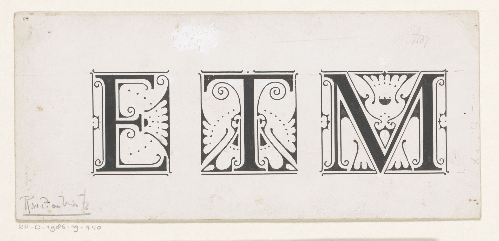 Ontwerp voor de initialen E, T, M by Reinier Willem Petrus de (1874-1952) Vries