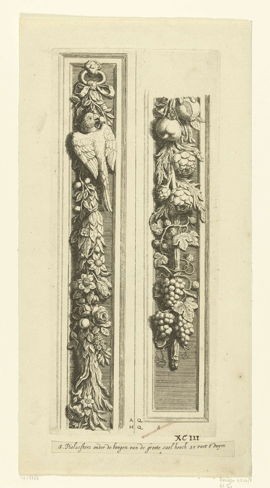 Twee delen van een pilaster met festoenen van bladeren, fruit en bloemen by Hubert Quellinus