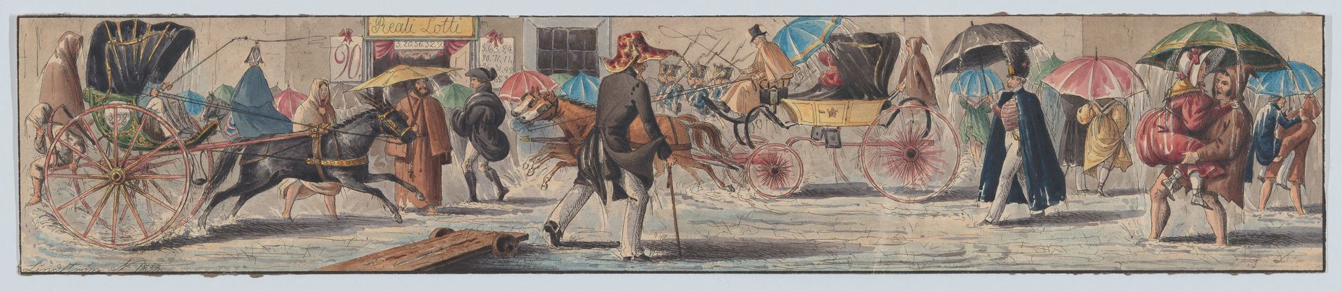 Reali Lotti, No. 16, Strada Toledo, Naples: people and carriages on the street walking through the rain by Karl Johan Lindström