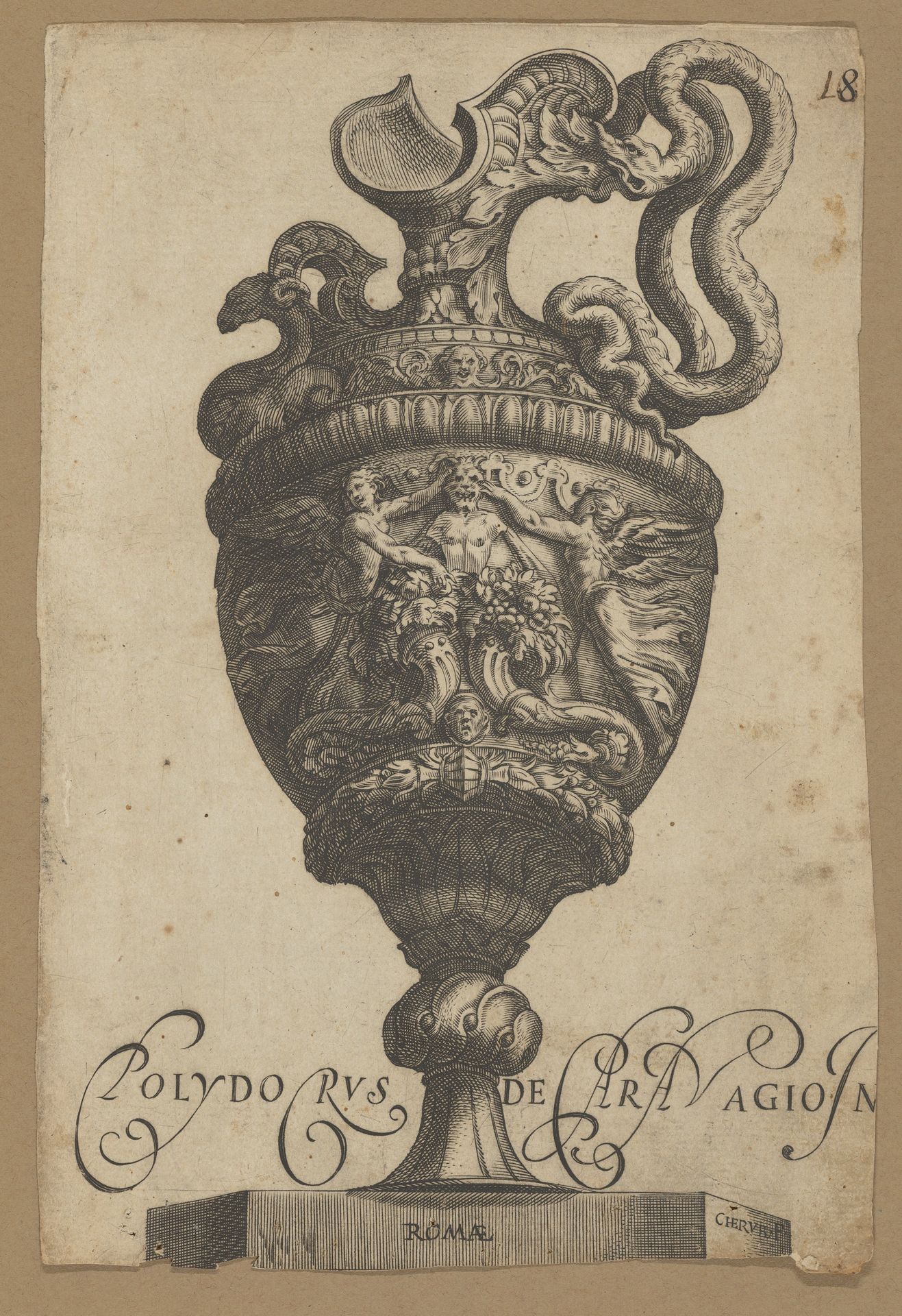 Vase with a monster at center, two cornucopias, and two flanking winged female figures by Cherubino Alberti