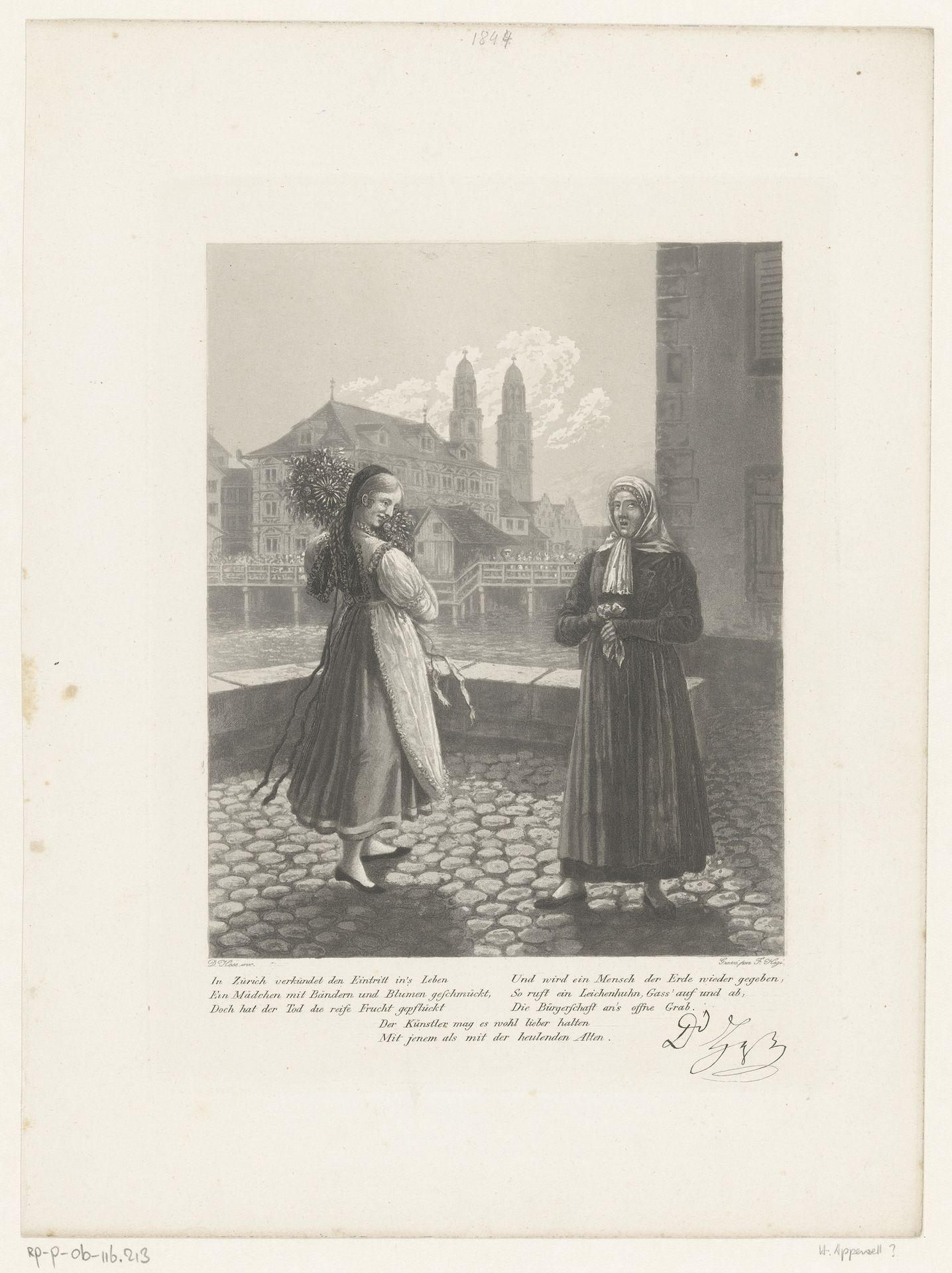 Jonge vrouw met bloemen en huilende oudere dame voor de Grossmünster in Zürich by Franz Hegi