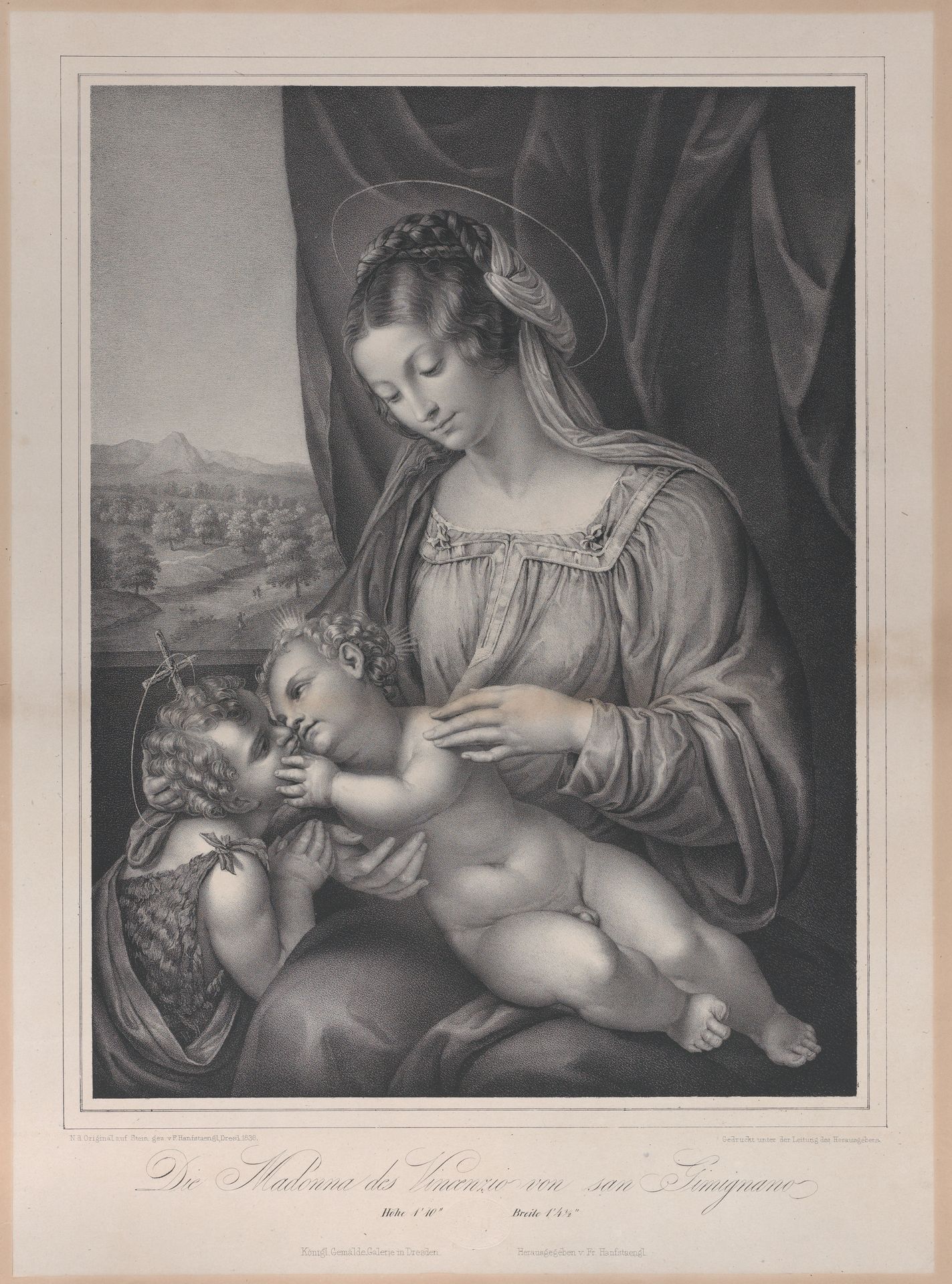 The Virgin and child with the infant Saint John the Baptist, with the Christ child lying on her lap and turning to kiss the Baptist by Franz Hanfstängl