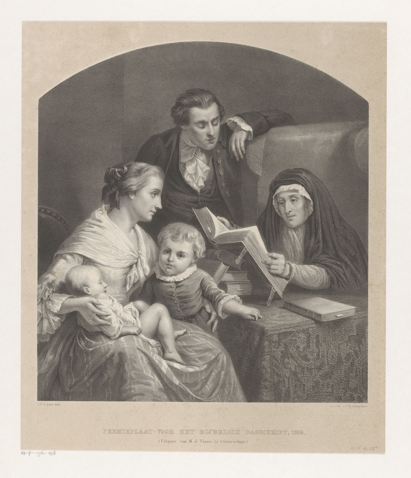 Oude vrouw leest voor aan gezin by Carel Christiaan Antony Last