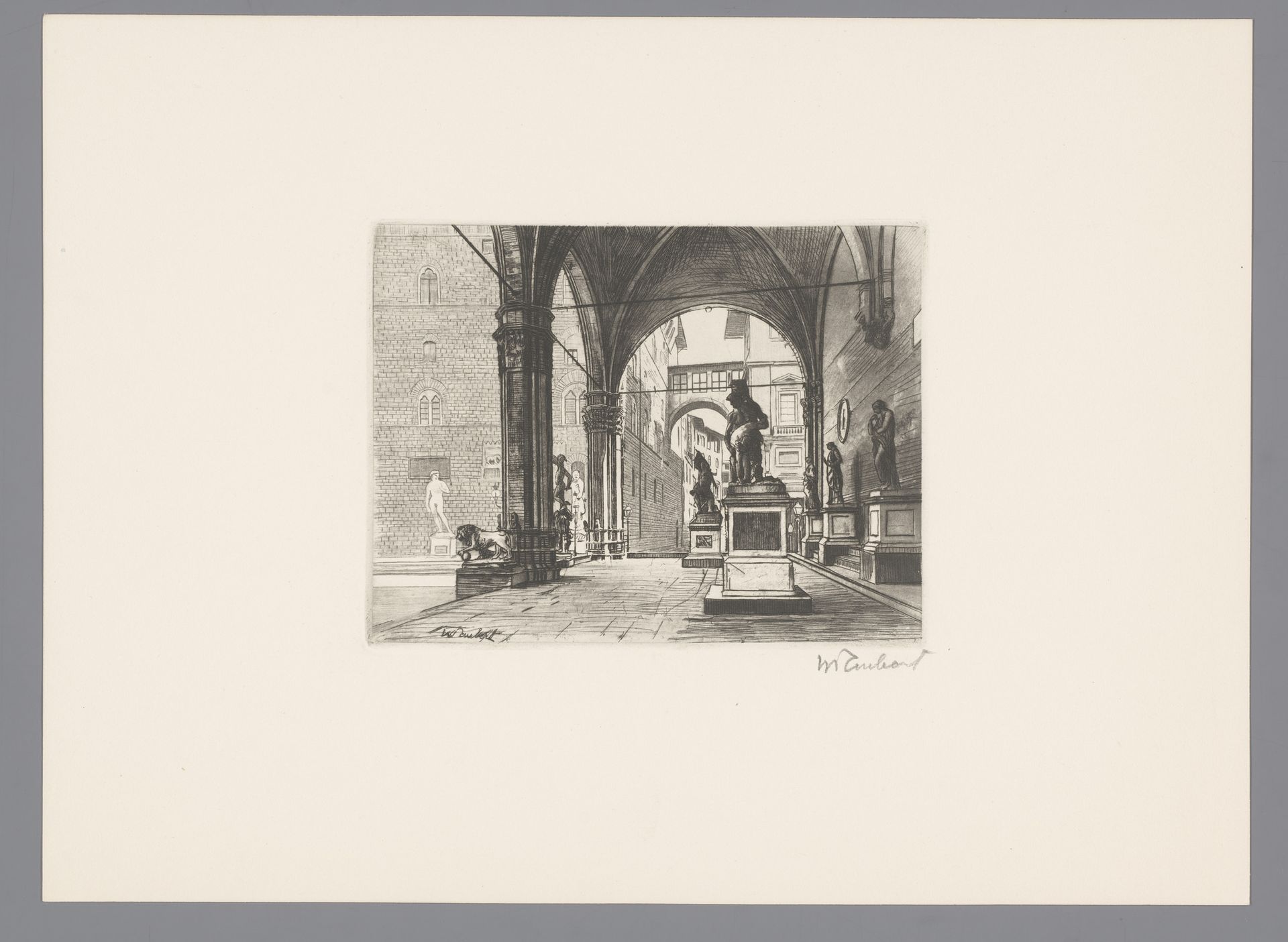 Loggia dei Lanzi te Florence met links de David van Michelangelo by Guglielmo Taubert