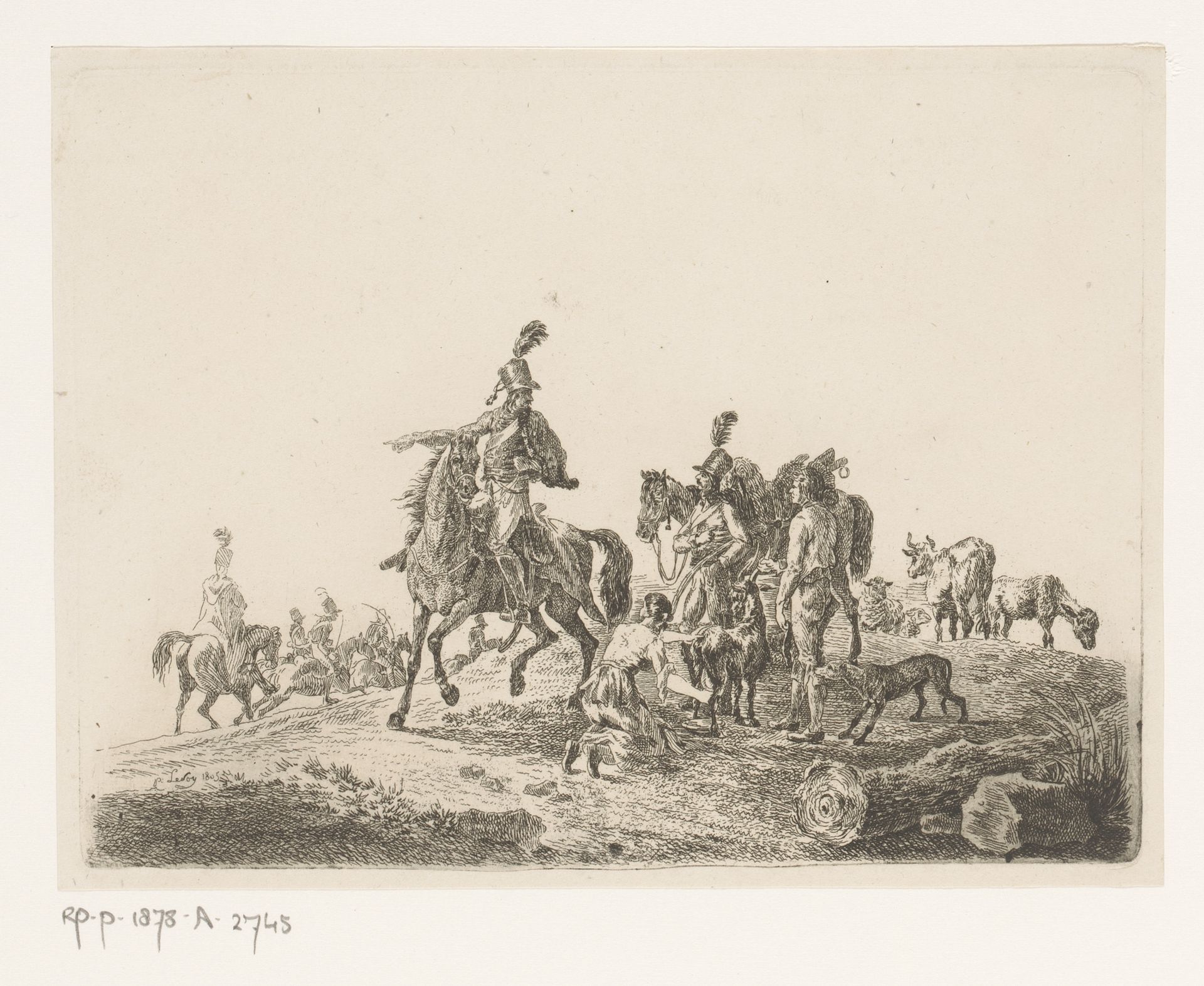 Herders met hun dieren en een troep cavalerie by Pierre Jean Baptiste Leroy
