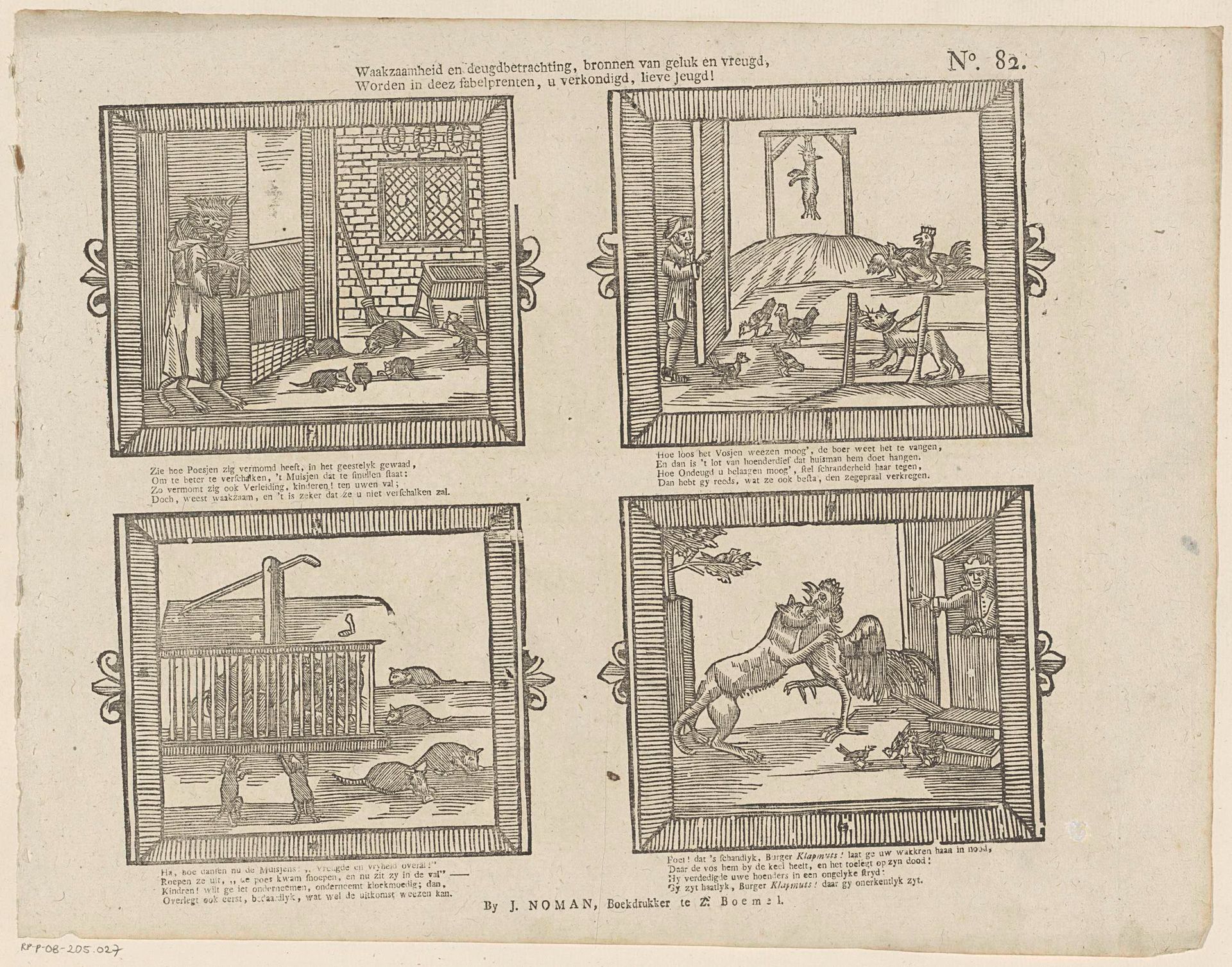 Waakzaamheid en deugdbetrachting, bronnen van geluk en vreugd, / Worden in deez fabelprenten, u verkondigd, lieve jeugd! by Johan Noman
