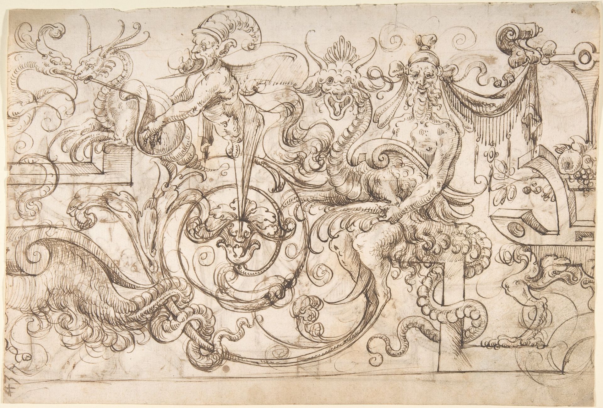 Grotesque panel with satyrs, herms, and strapwork (recto); winged creatures and strapwork (verso) by Andrés de Melgar