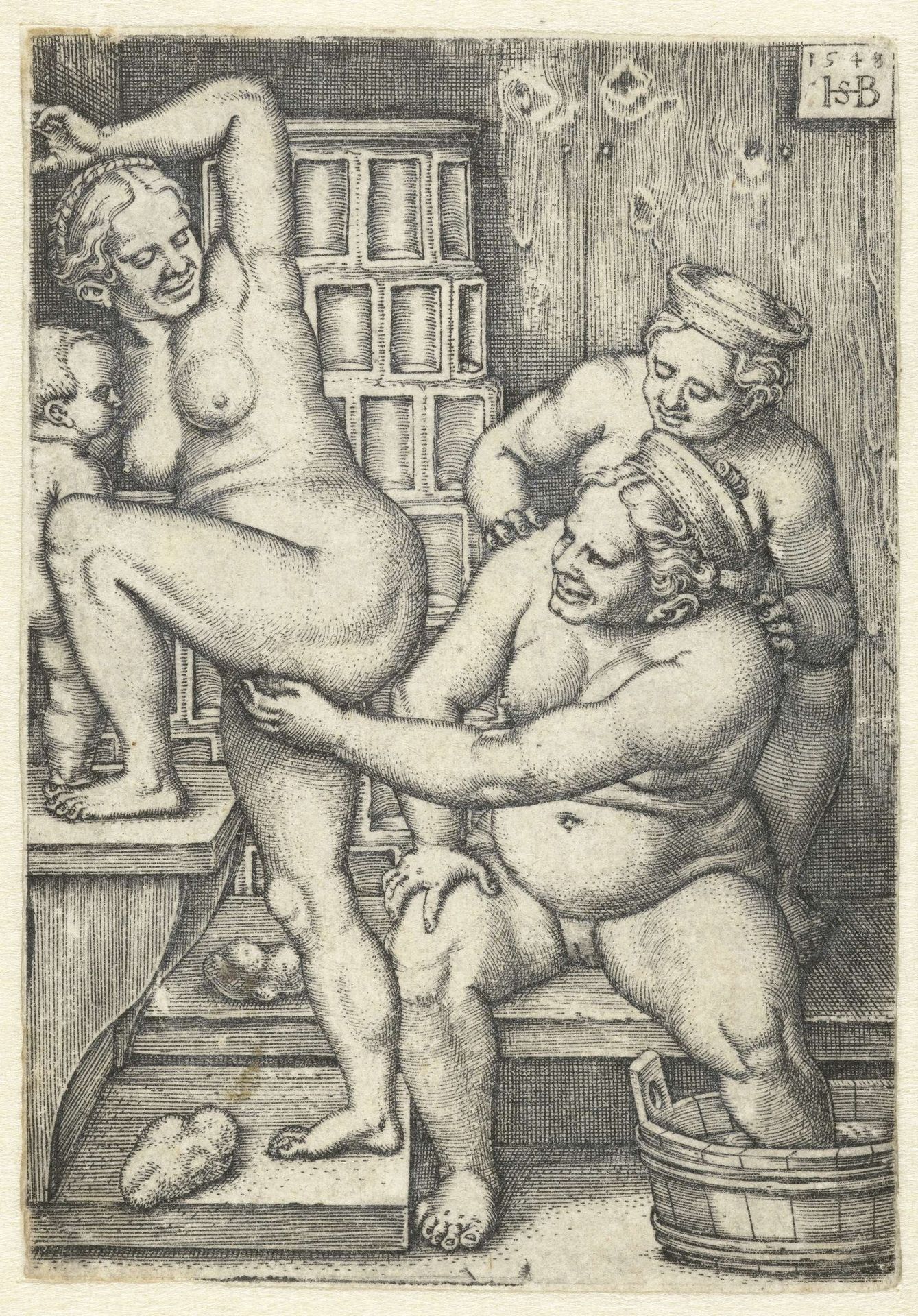 Drie vrouwen in een badkamer by Sebald Beham