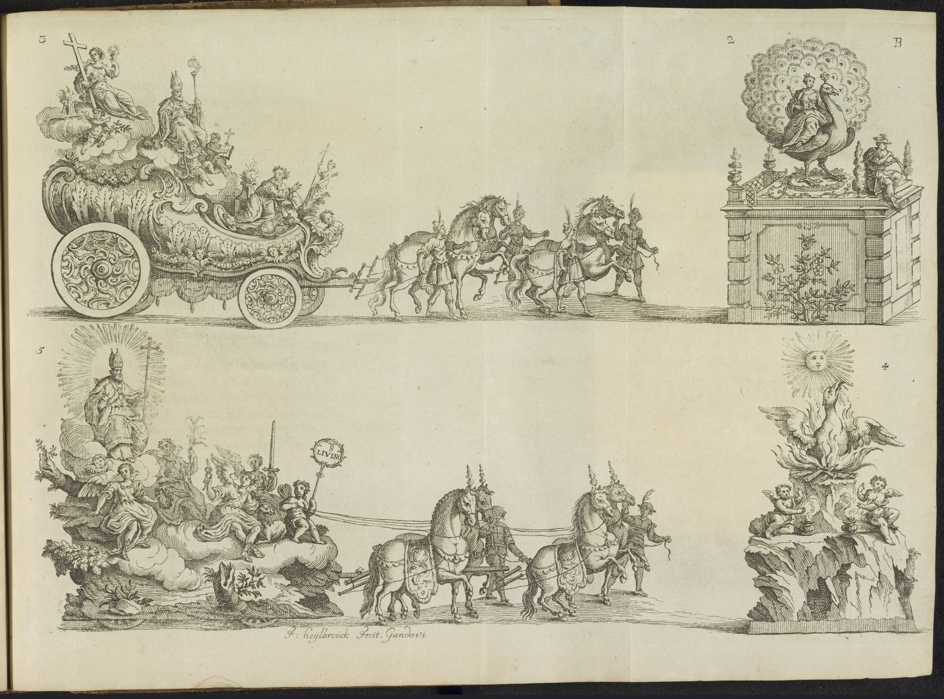 Blad B: eerste en tweede praalwagen, 1767 by Franciscus Heylbrouck