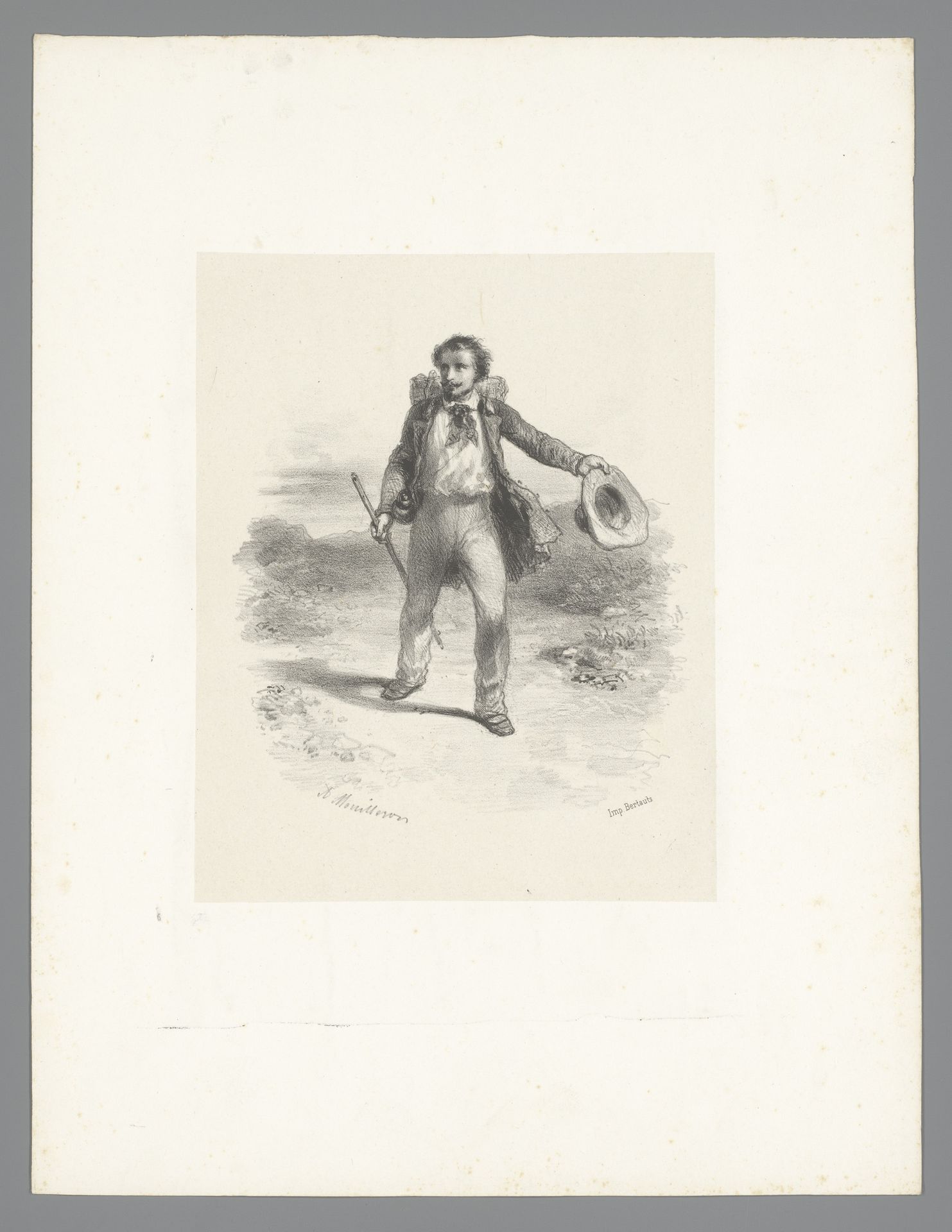 Wandelaar met rugzak en hoed in de hand in vlak landschap by Adolphe Mouilleron