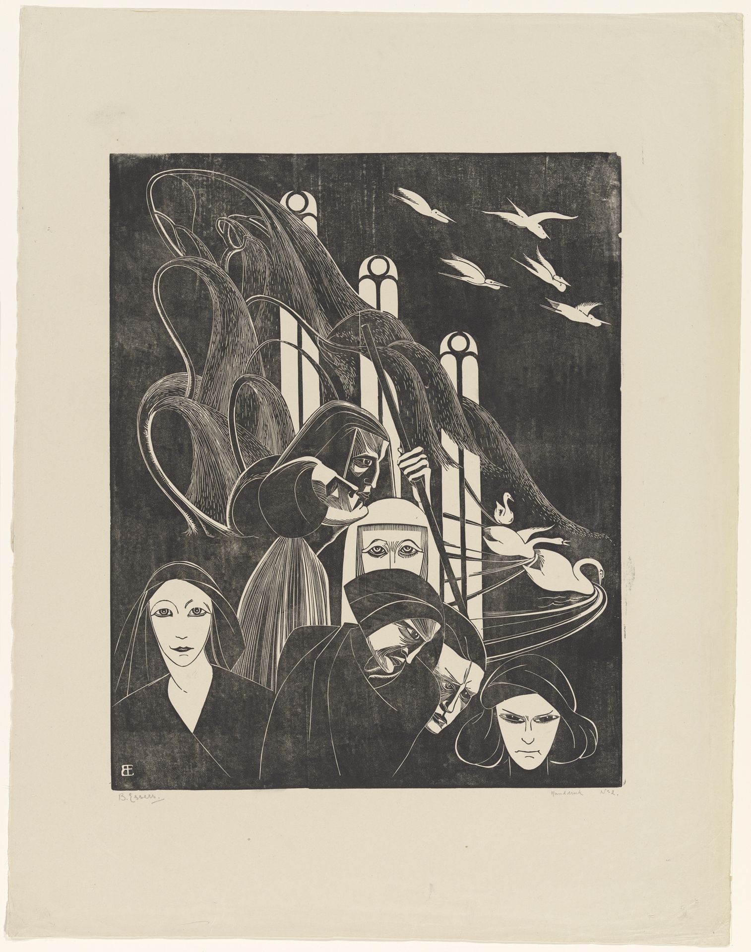 Compositie met gezichten en zwanen by Bernard Essers