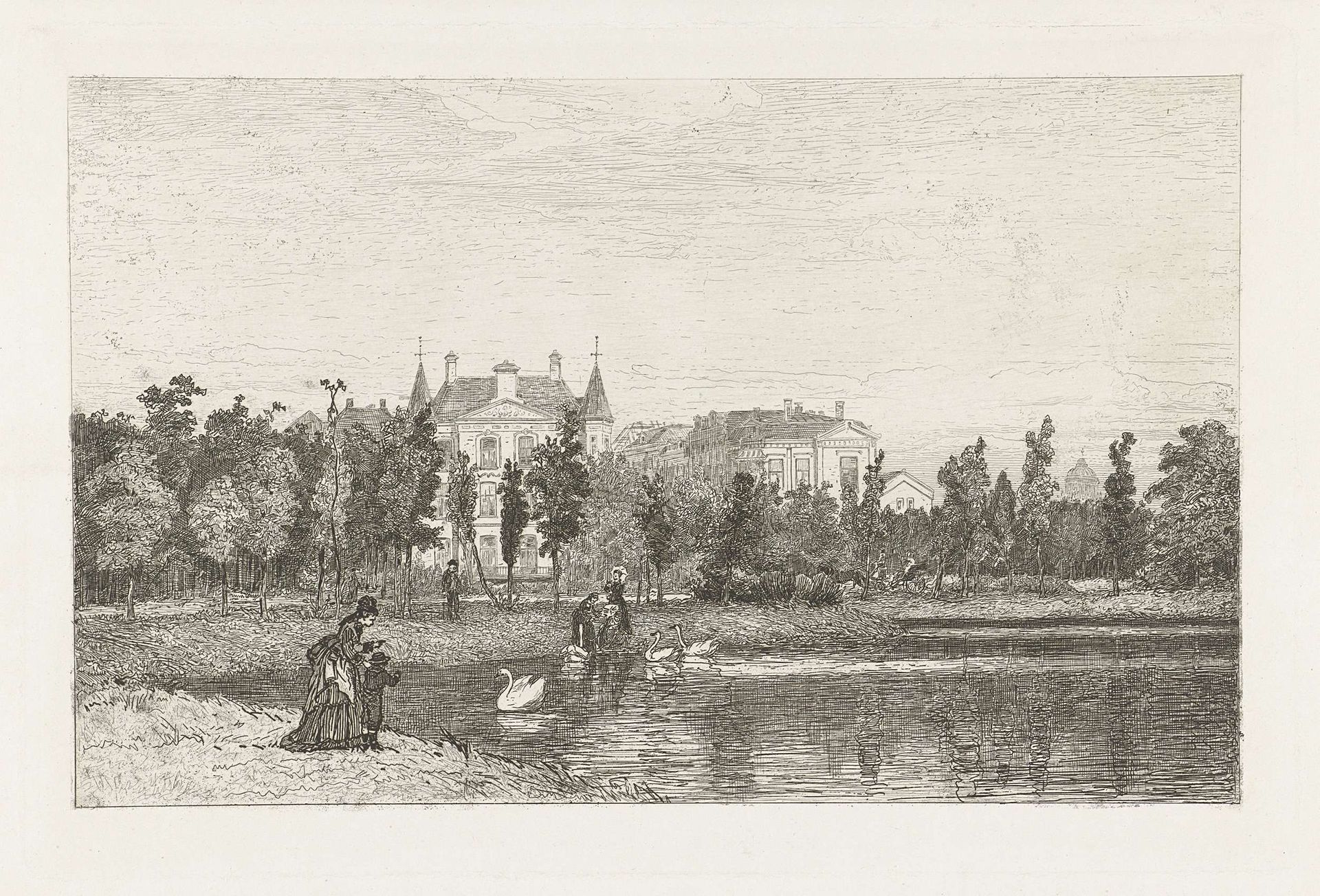 Zwanen voeren in het Vondelpark by Johan Conrad Greive
