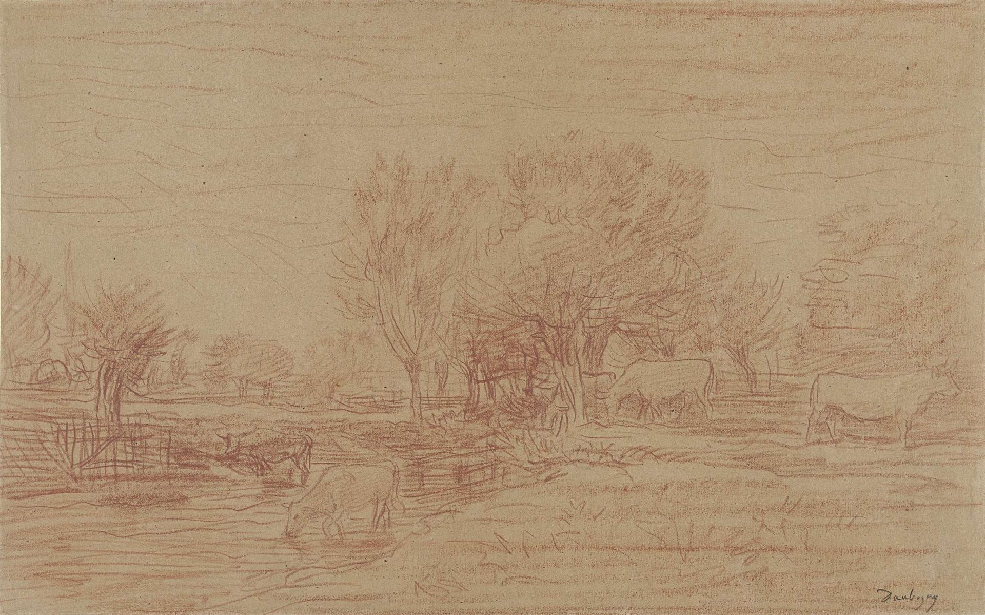 Landschap met grazende en drinkende koeien en een toekijkende stier by Charles François Daubigny