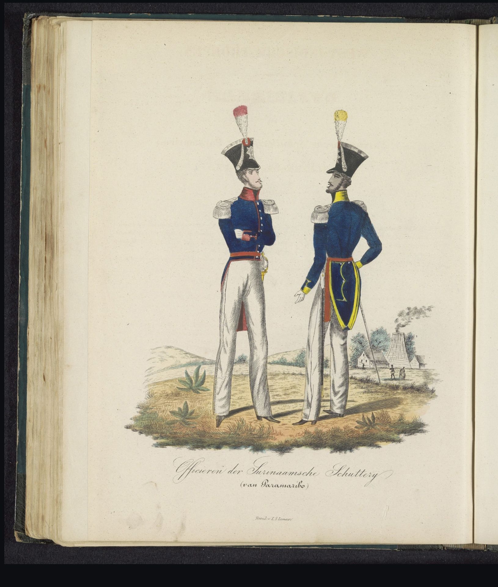 Uniforms for the White and Black Officers of the Militia Suriname (Paramaribo) of the West Indian troops, 1845 by Louis Salomon Leman