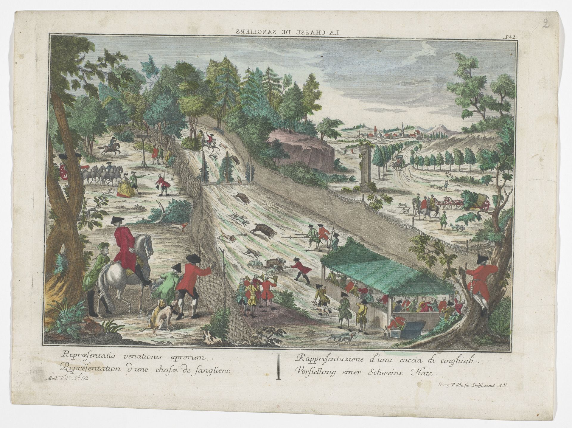 Gezicht op een wildezwijnenjacht by Georg Balthasar Probst